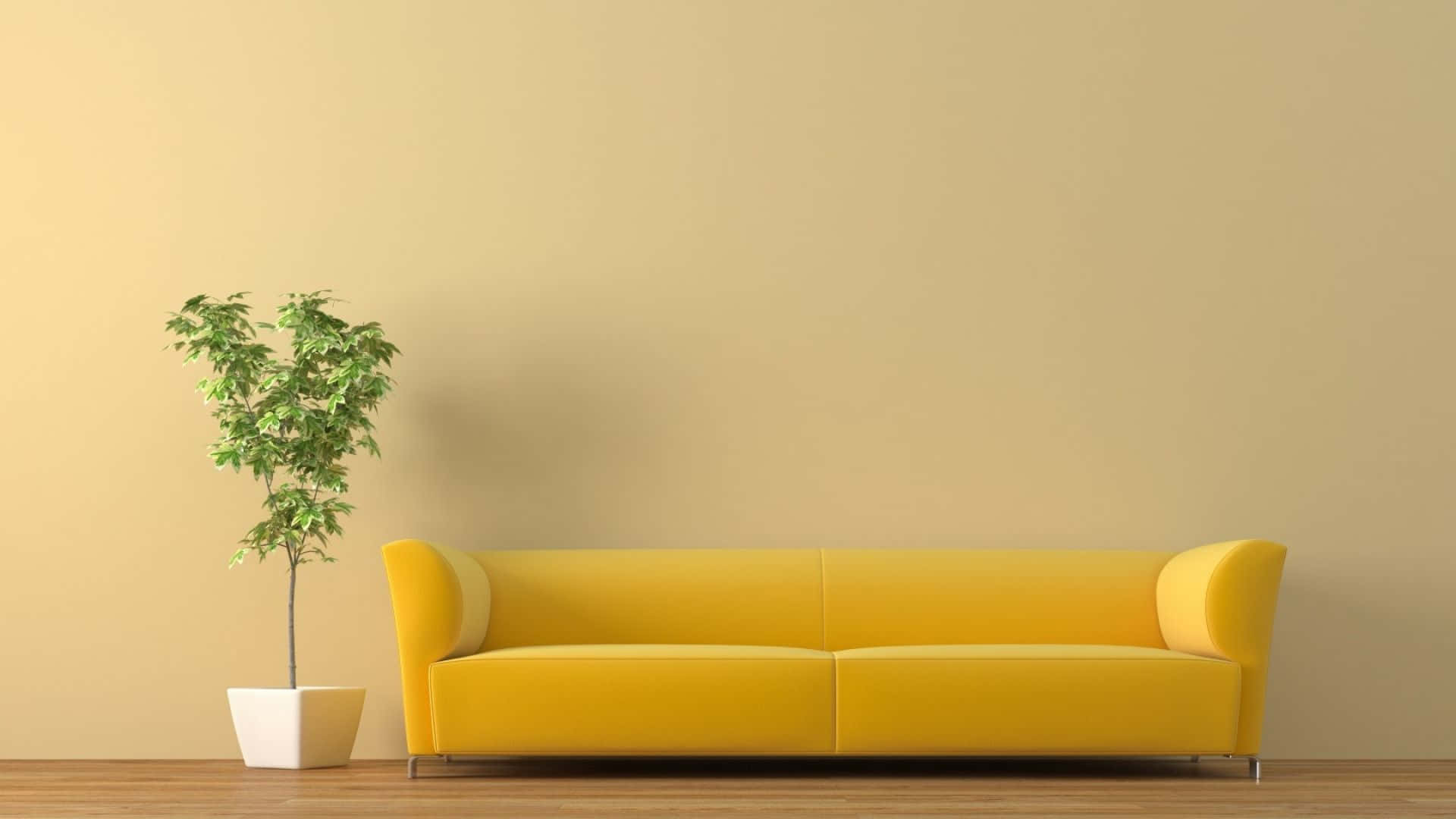 minimalistic long yellow couch, bright yellow sofa, warm beige wall, Full HD Desktop Wallpaper