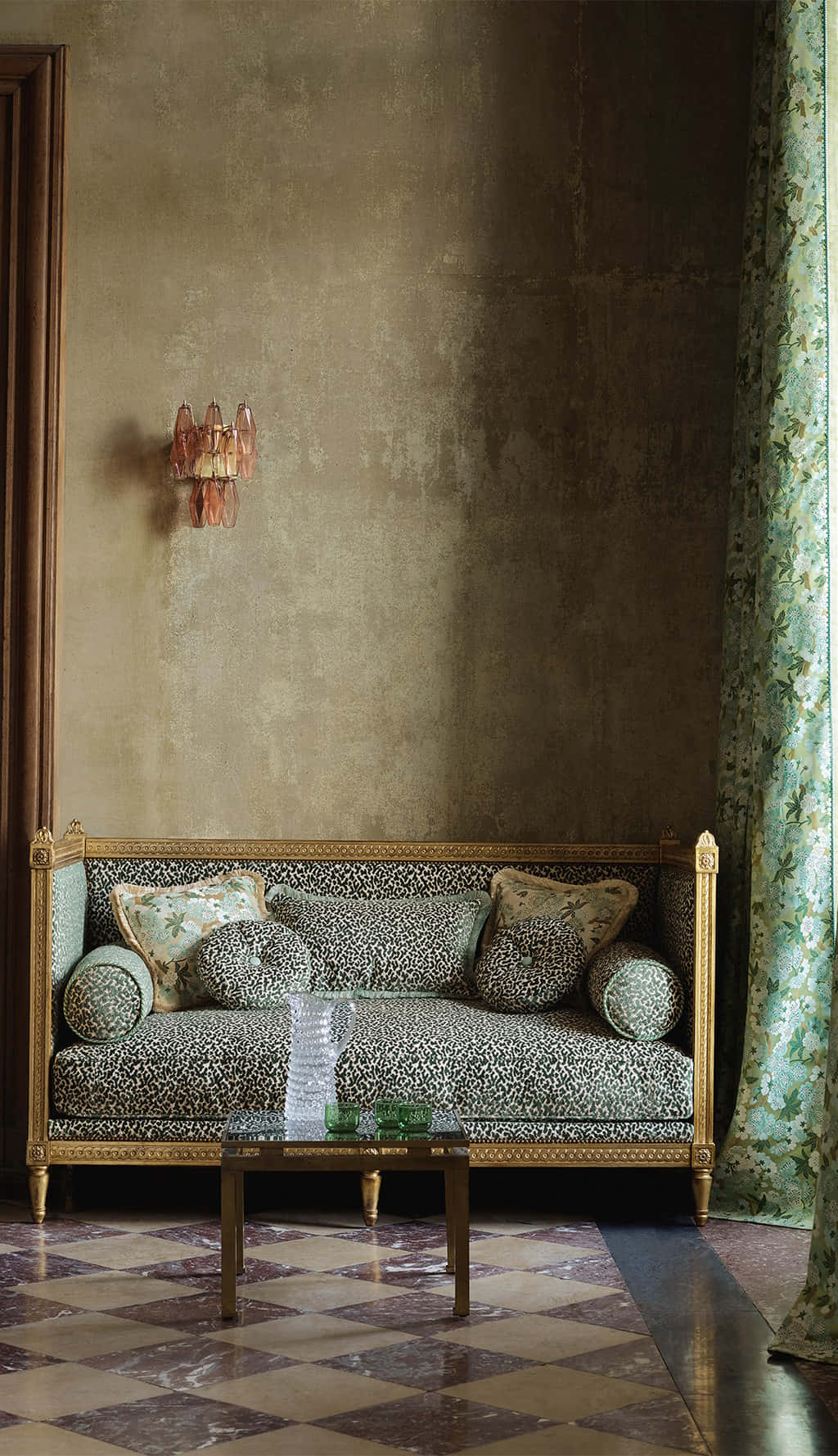 gold-framed sofa, leopard-print cushions, textured walls, HD Phone Wallpaper