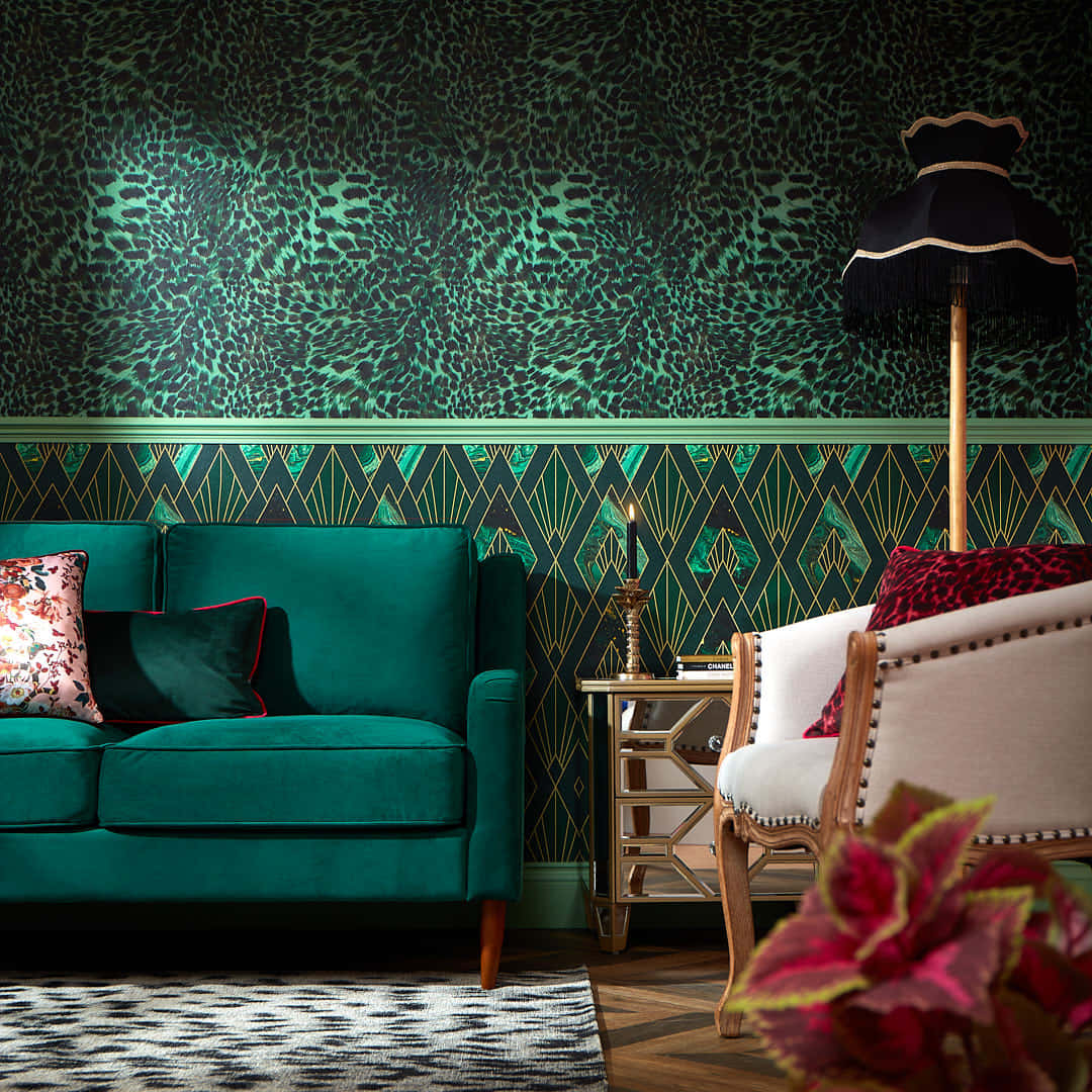 teal velvet sofa, bold green leopard-print wallpaper, geometric gold accents, SD Desktop Wallpaper