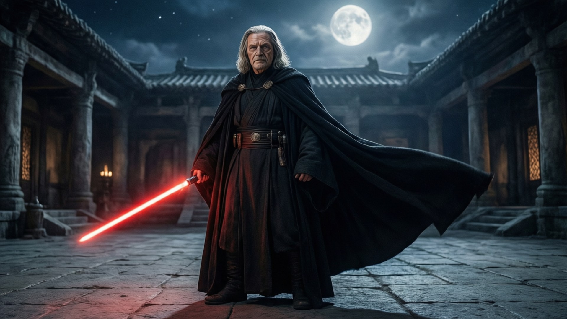 Count Dooku, red lightsaber, moonlit duel, Full HD Desktop Wallpaper