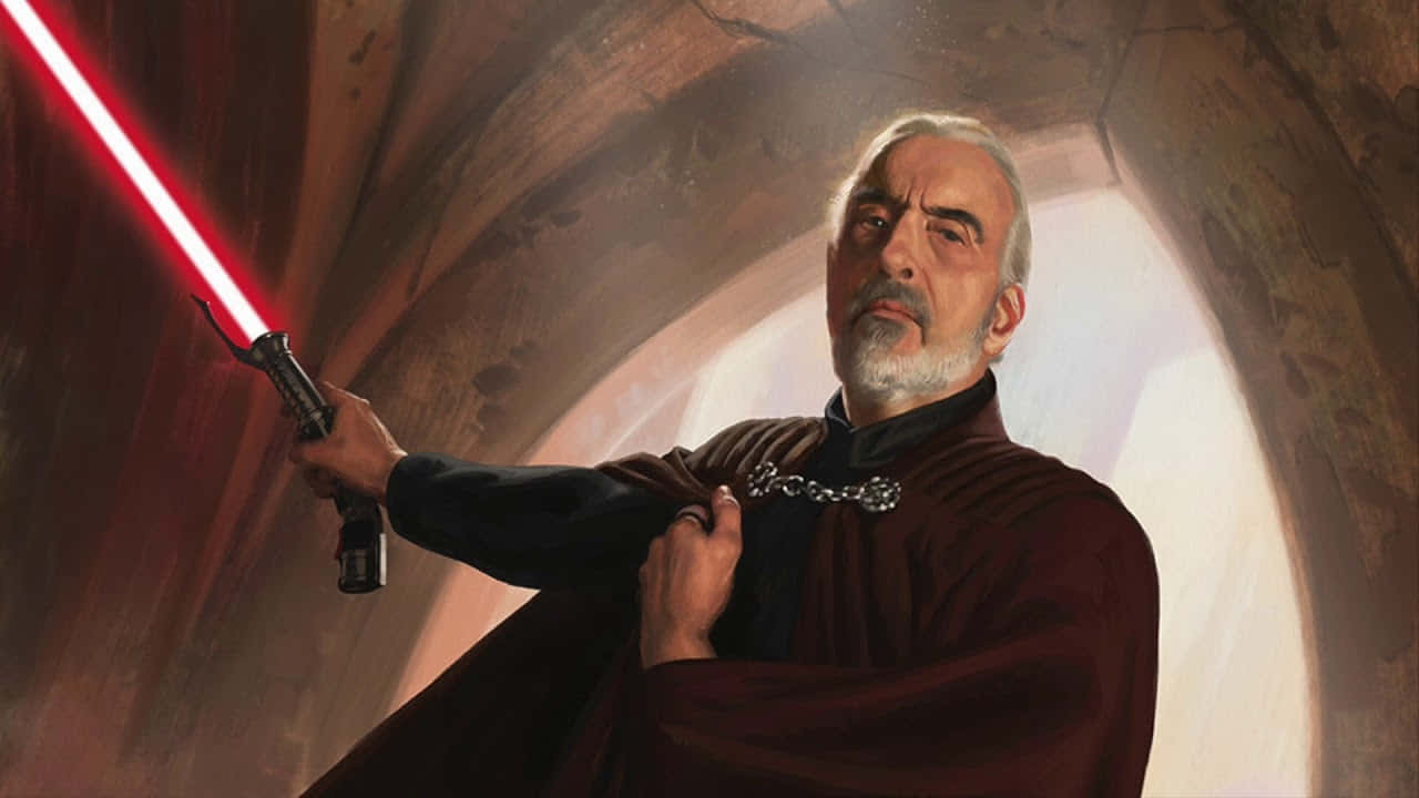 Count Dooku, red lightsaber, dimly lit stone corridor, HD Desktop Wallpaper