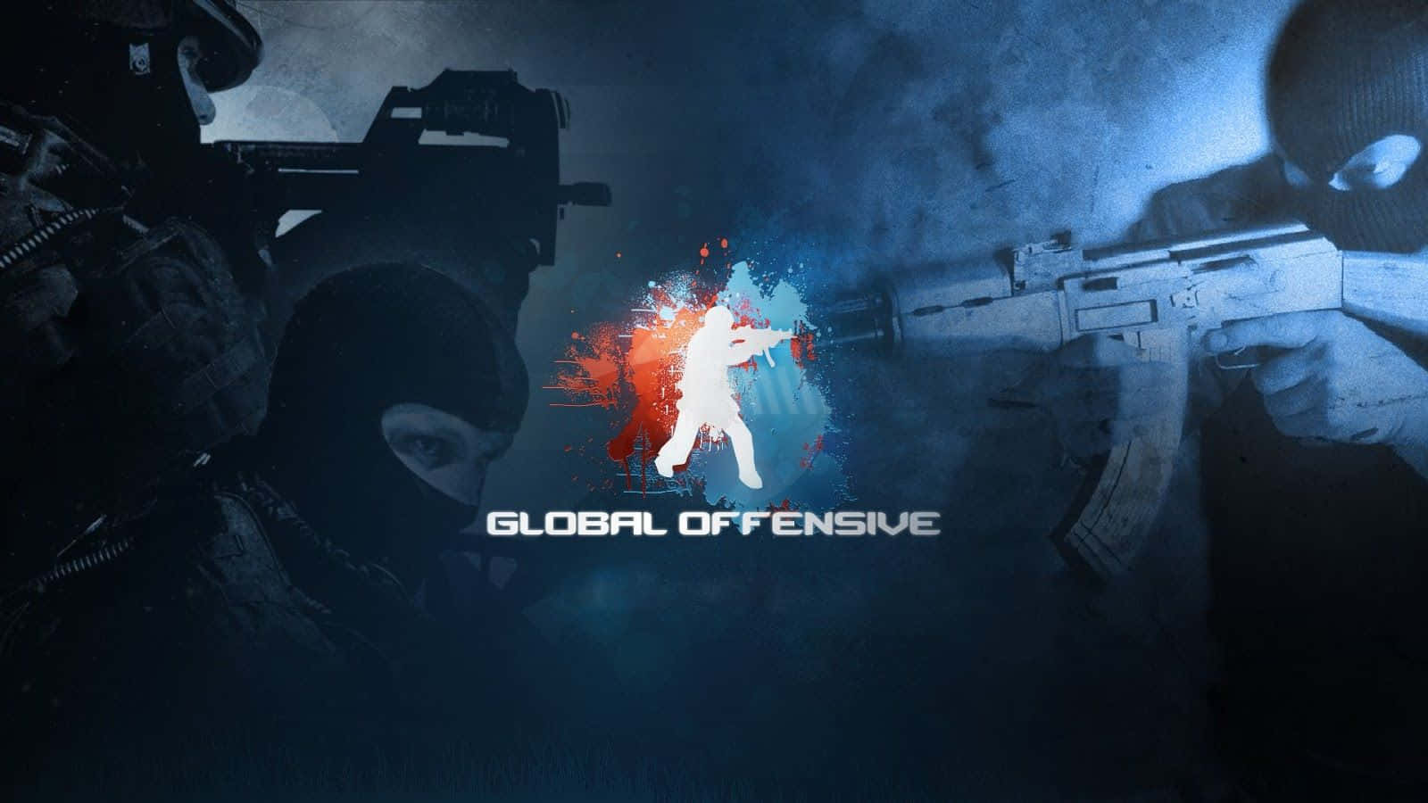 Counter Strike Global Offensive, white silhouette, red and blue paint splatter, HD Desktop Wallpaper