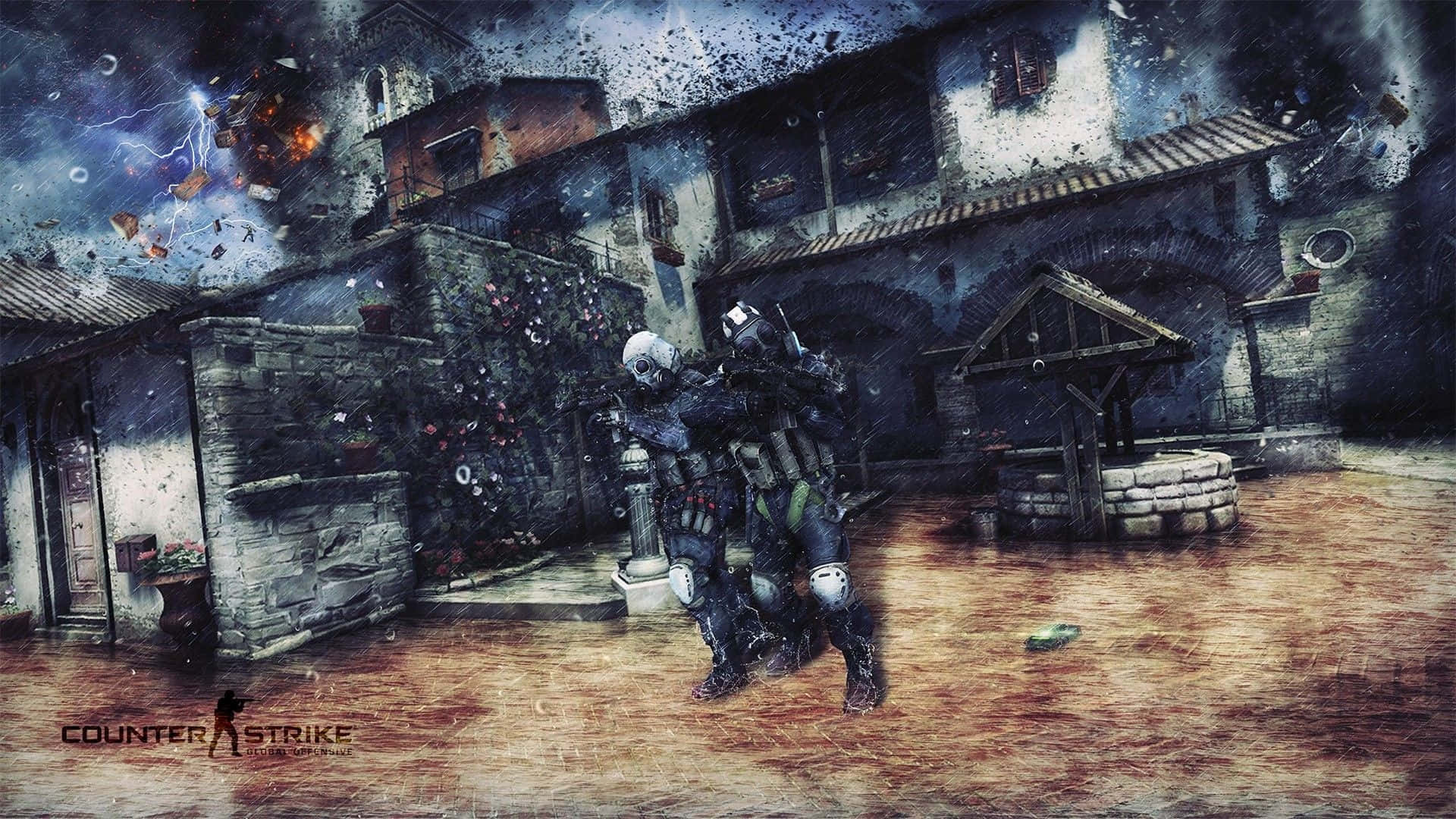 Counter Strike Global Offensive, tactical gear, rain-soaked European village, Full HD Desktop Wallpaper