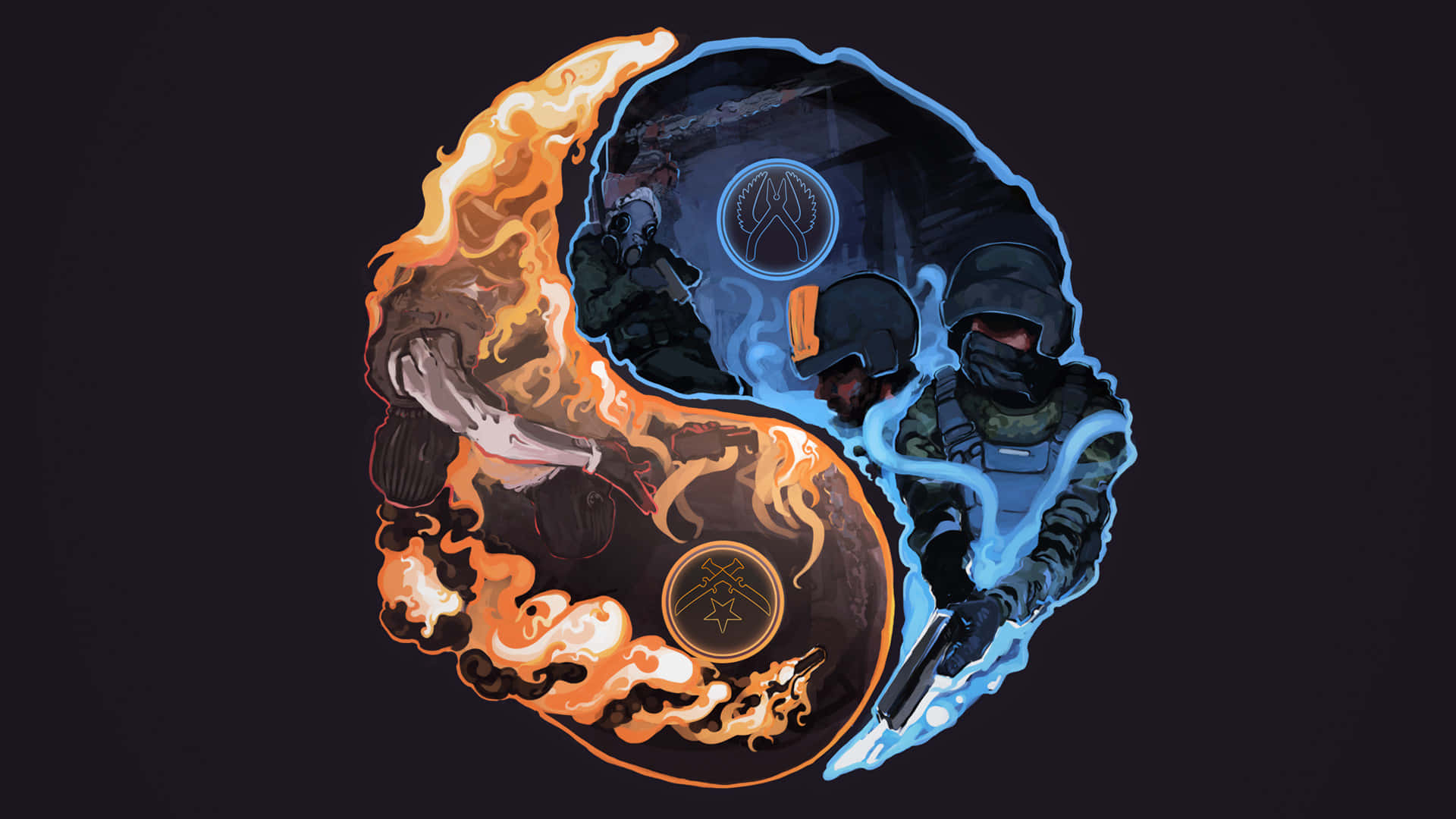 yin yang symbol, fiery orange, icy blue, Full HD Desktop Wallpaper