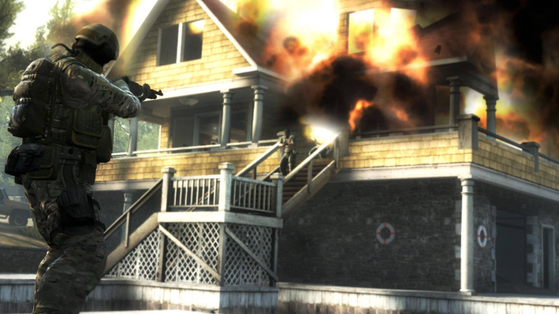 Counter Strike Global Offensive, house, burning two-story house, Full HD Desktop Wallpaper