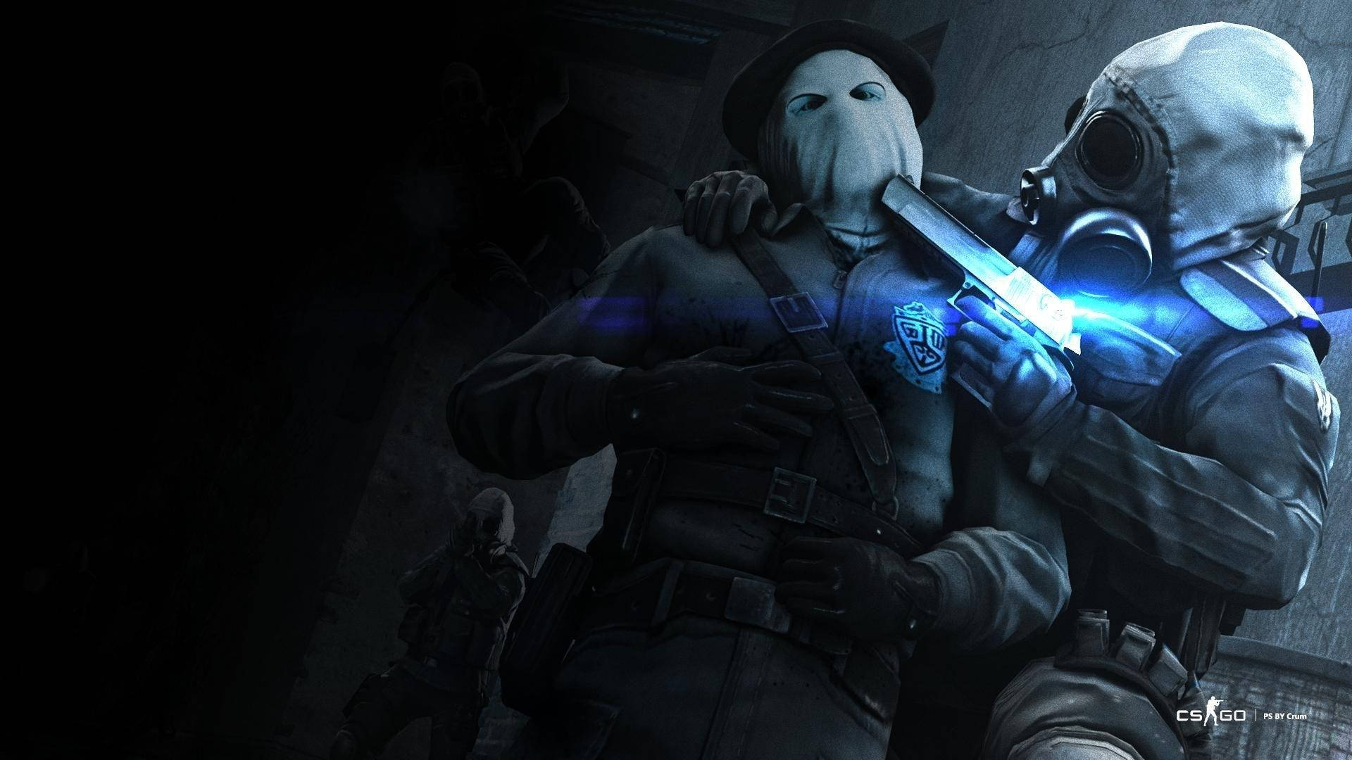 Counter Strike Global Offensive, gas mask, glowing blue pistol, Full HD Desktop Wallpaper