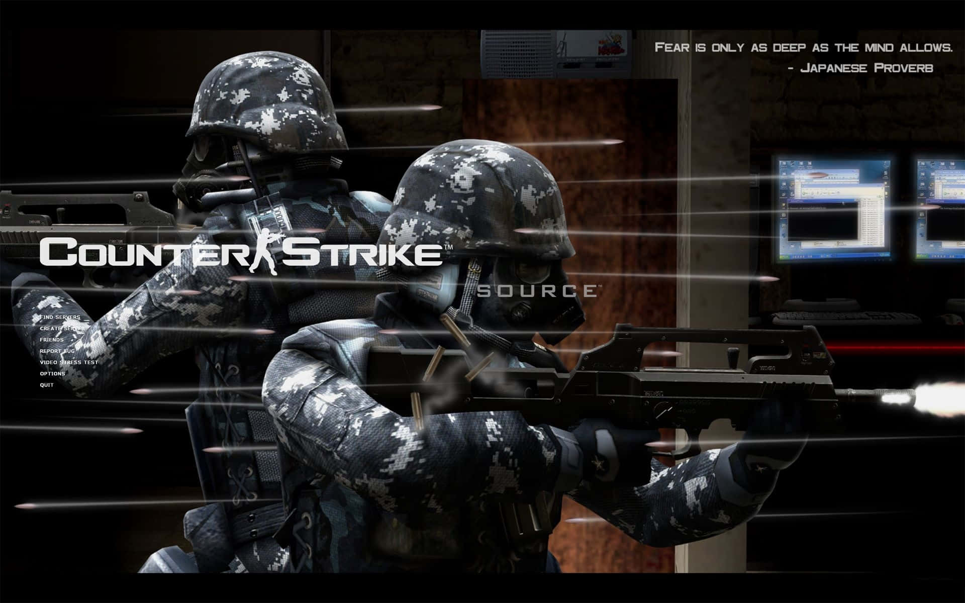 Counter Strike Source, digital camouflage gear, dimly lit tactical room, Full HD Desktop Wallpaper