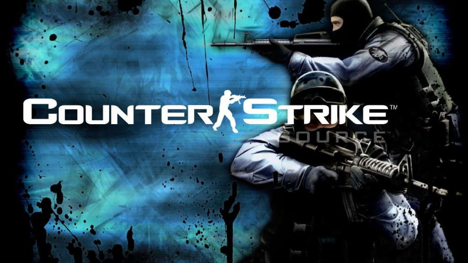 Counter Strike Source, splattered blue background, tactical soldiers in balaclavas, HD Desktop Wallpaper