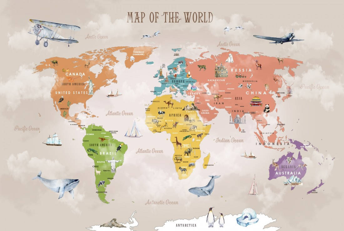 Countries Map, whimsical illustrated world map, vintage airplanes, SD Desktop Wallpaper