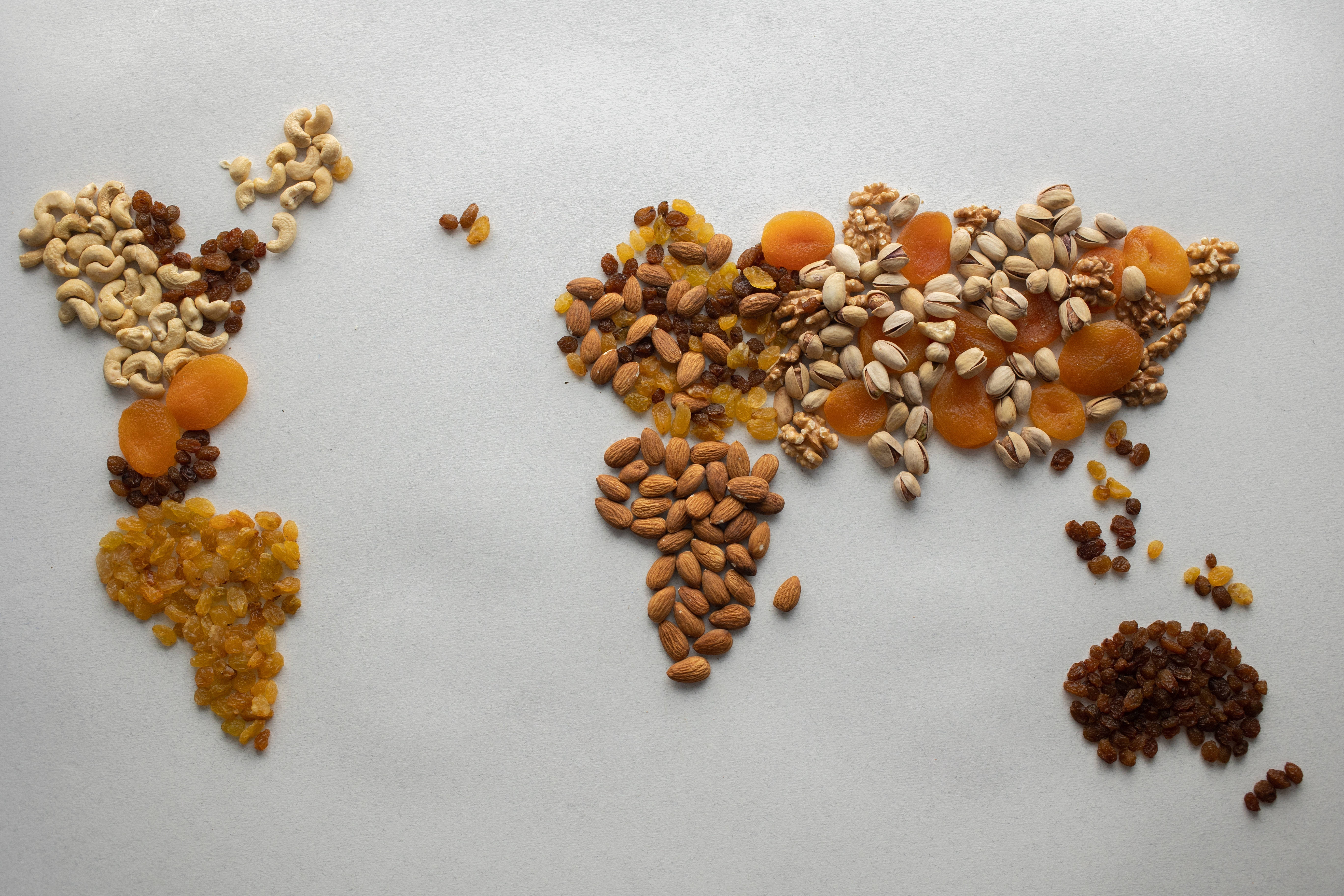 Food Countries Map, world map, dried fruits, 5K Desktop Wallpaper