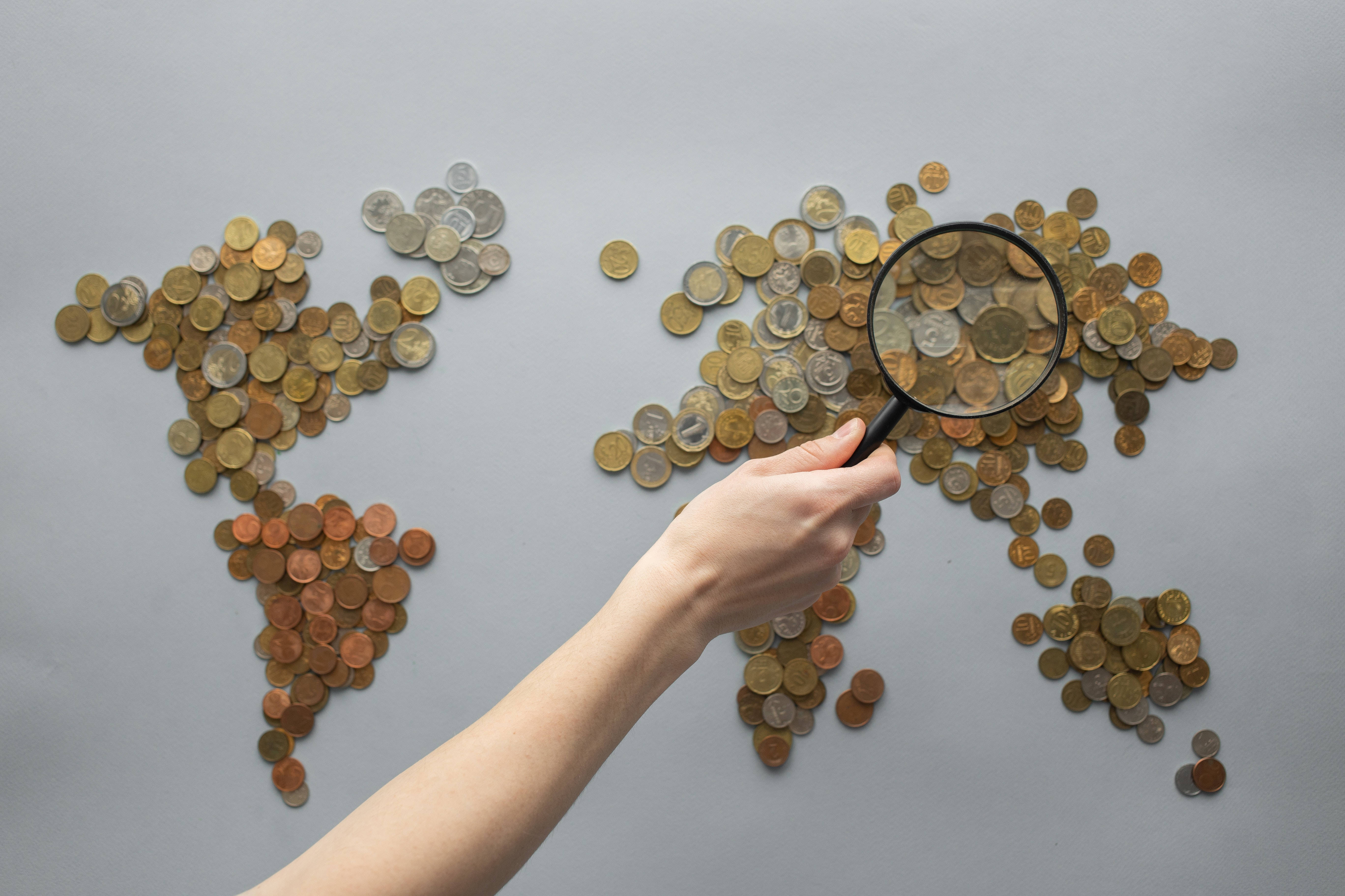 Countries Map Coins, world map, coins, 5K Desktop Wallpaper
