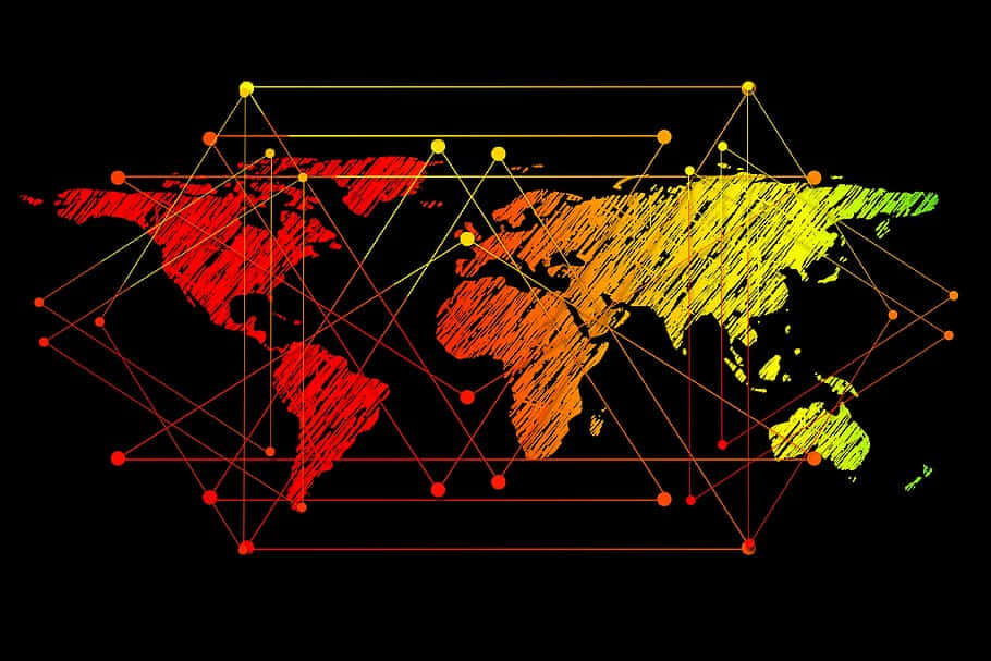 world map, fiery reds and yellows, glowing network lines, SD Desktop Wallpaper