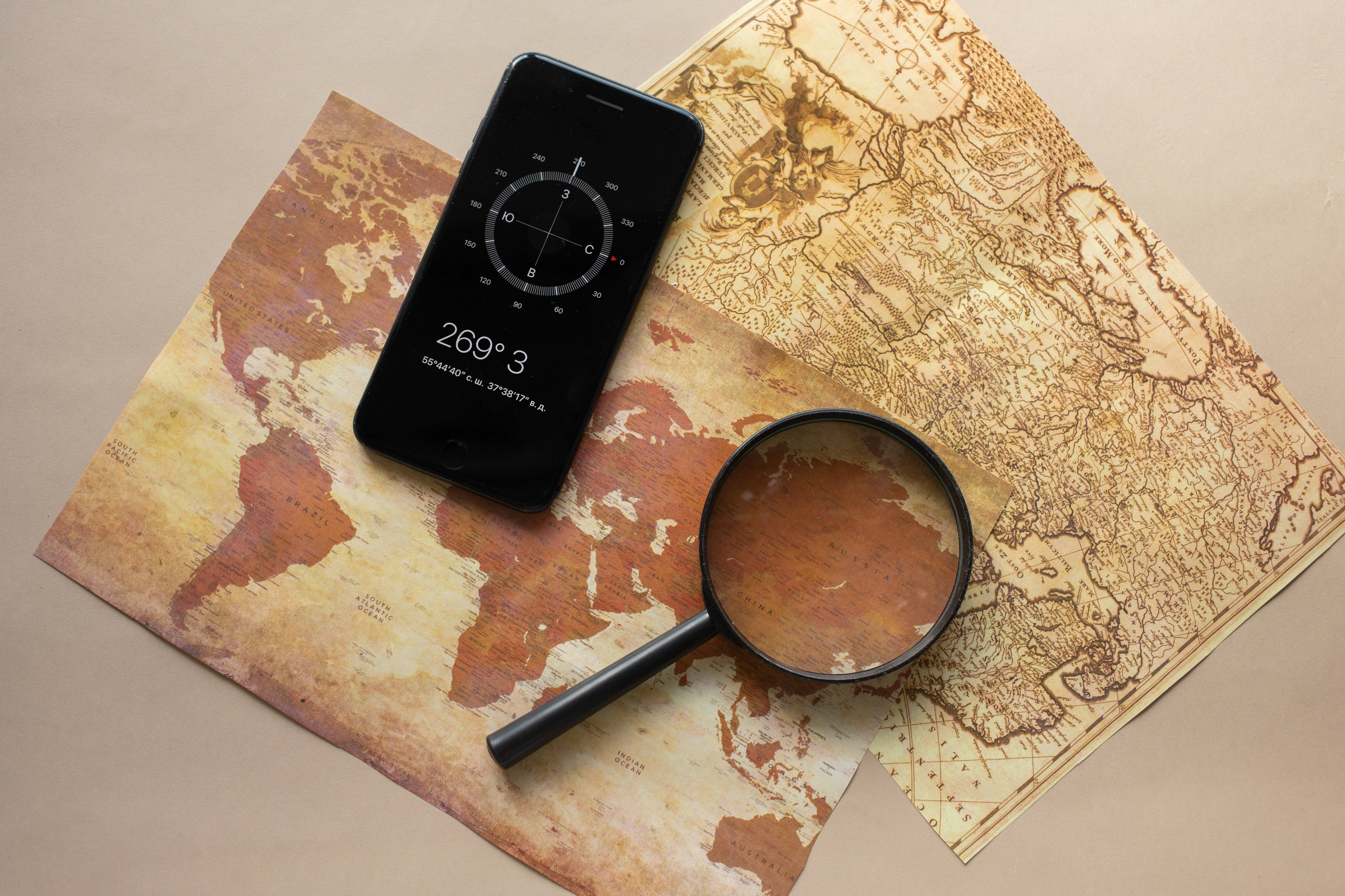 smartphone, compass, vintage world maps, 5K Desktop Wallpaper