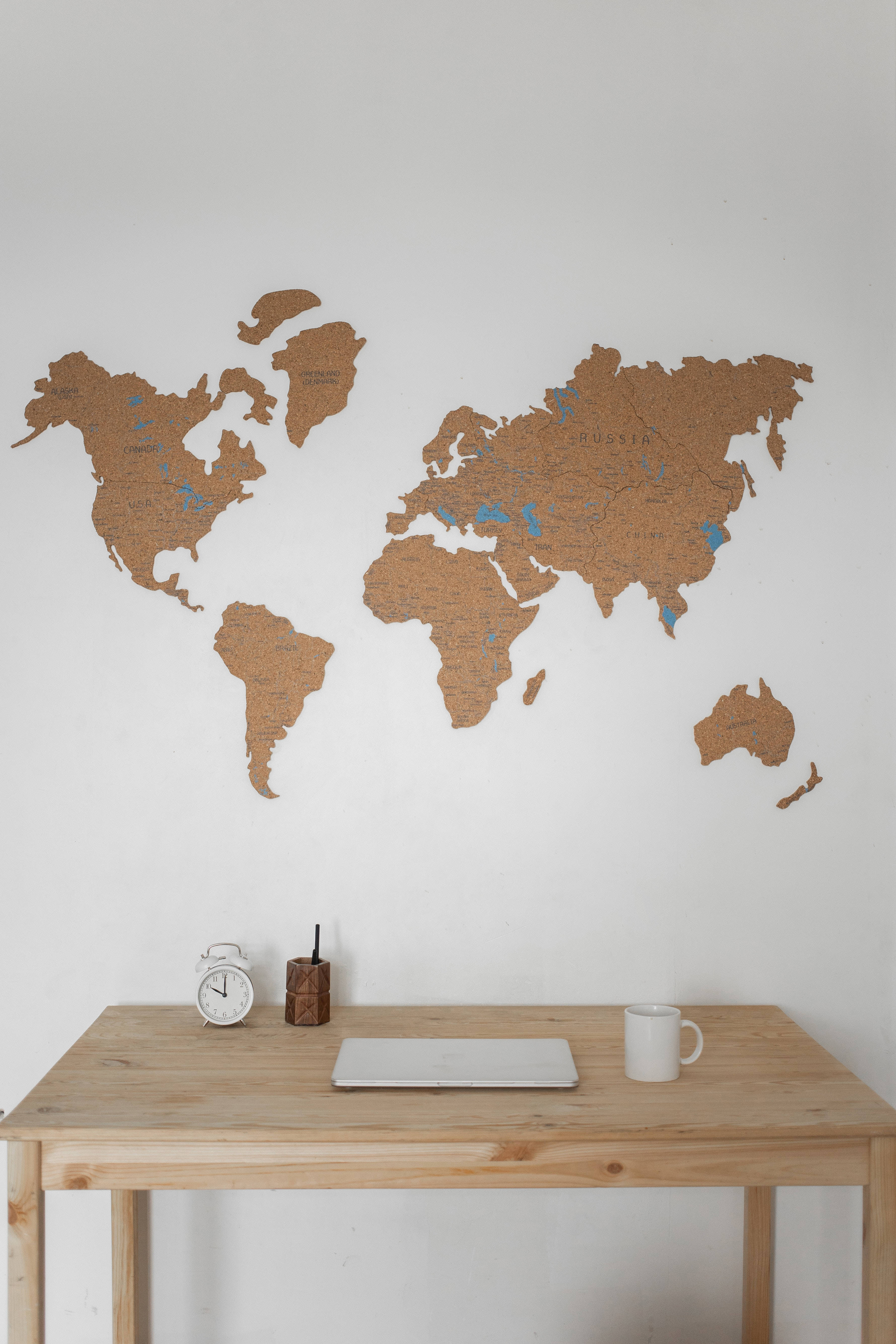 mounted countries map, cork world map wall art, wooden desk, 5K Phone Wallpaper
