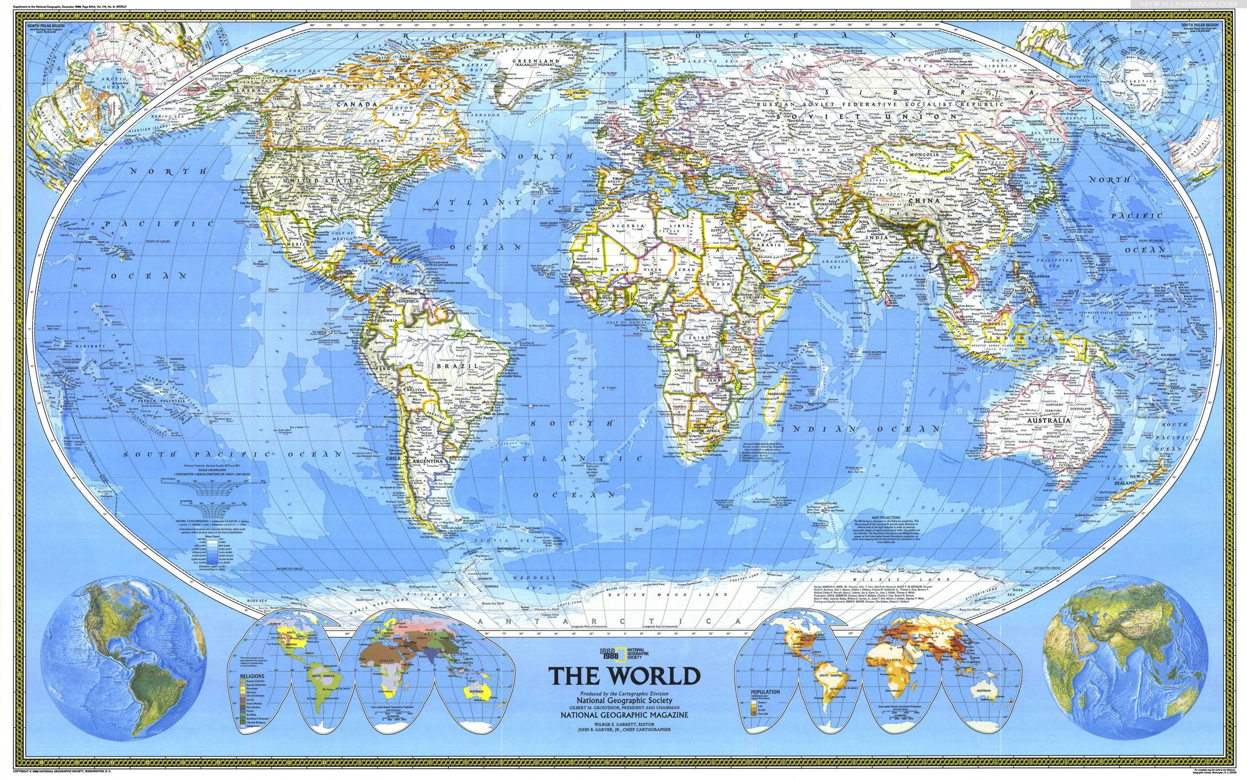 vintage-style world map, blue oceans, yellow-brown landmasses, 2K Desktop Wallpaper