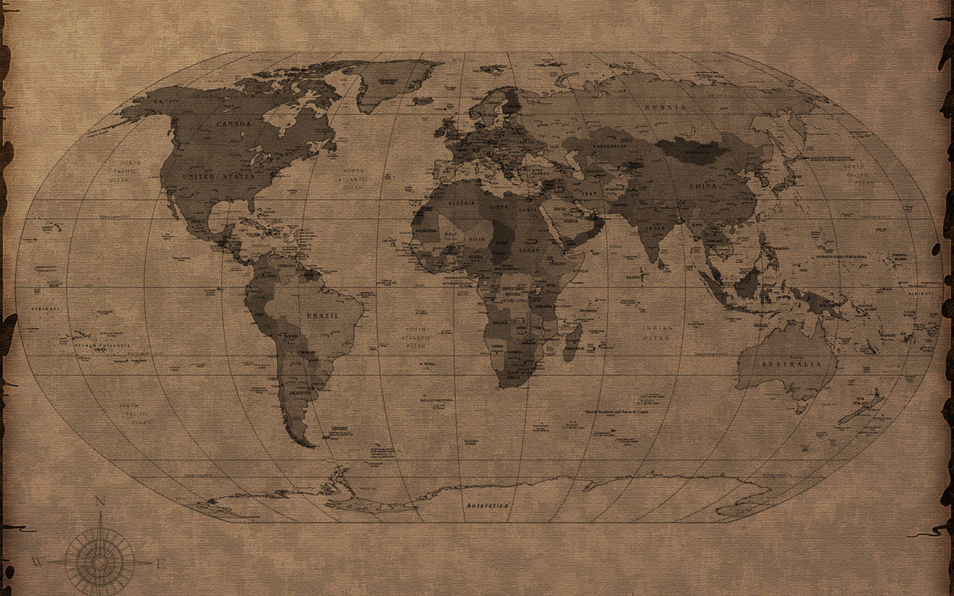 Countries Map, old aesthetic, sepia-toned, Full HD Desktop Wallpaper