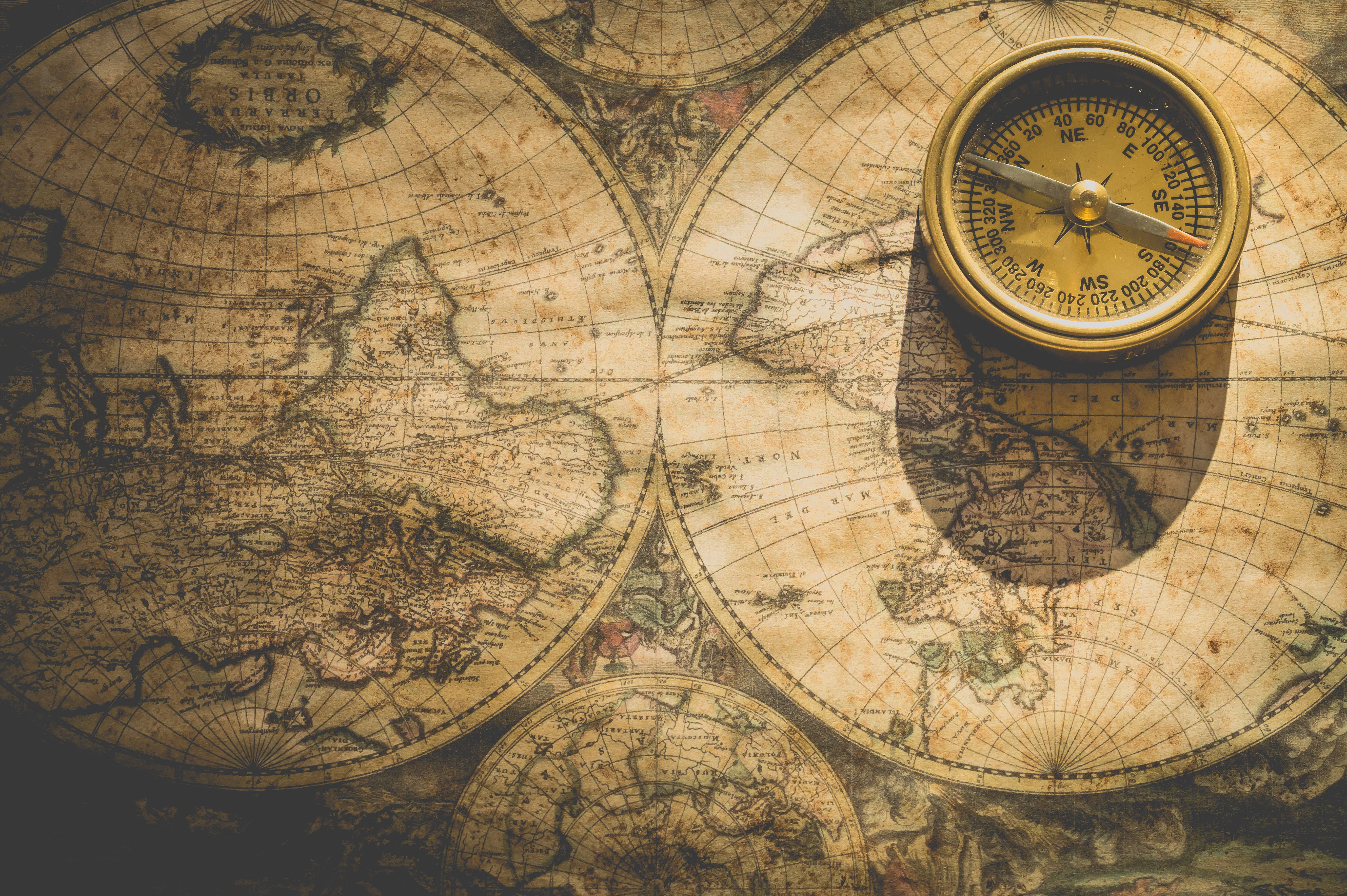 vintage brass compass, aged world map, sepia tones, 5K Desktop Wallpaper