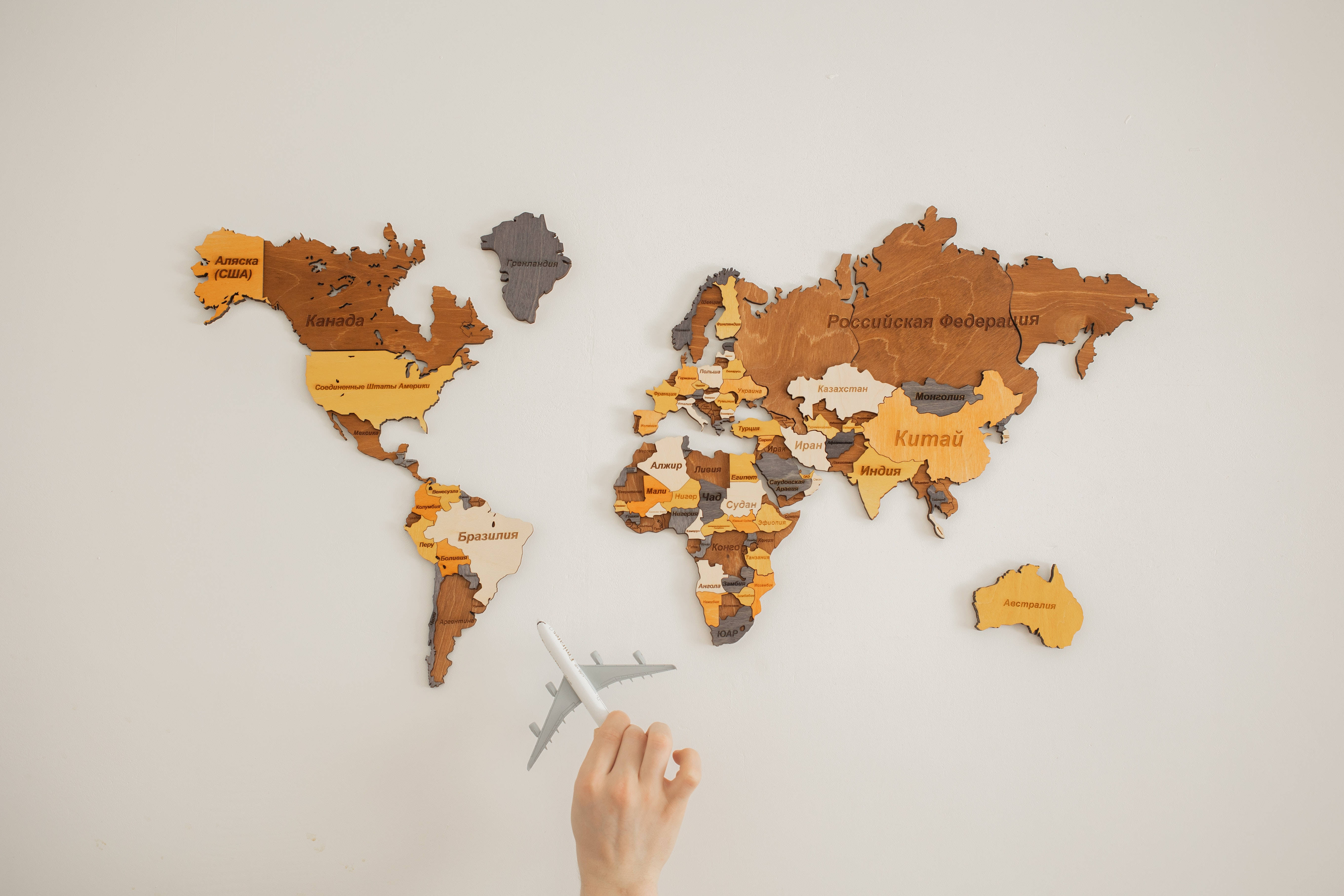 Countries Map, wooden world map, miniature airplane, 5K Desktop Wallpaper