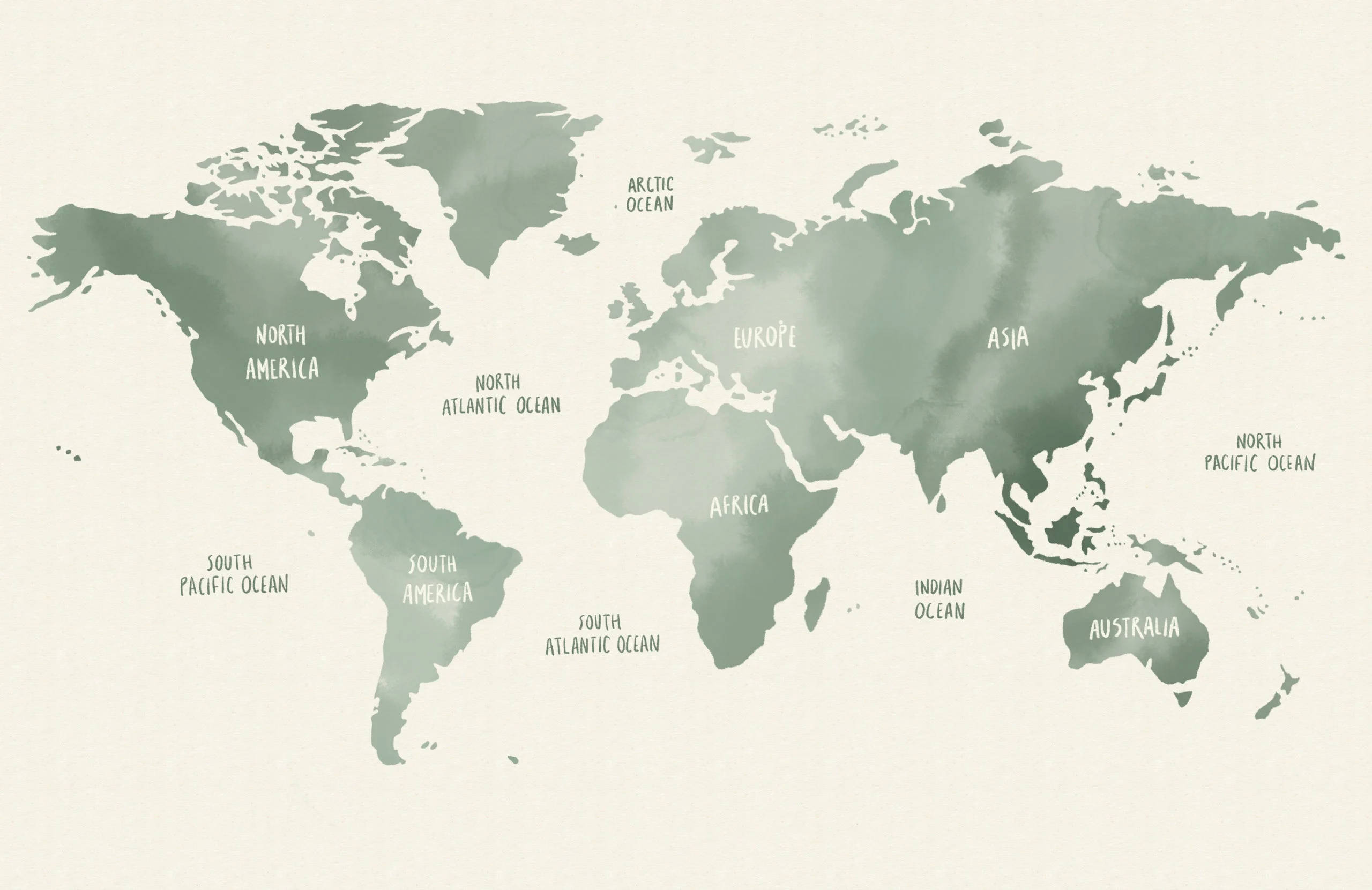 stained green, watercolor world map, muted green tones, 2K Desktop Wallpaper