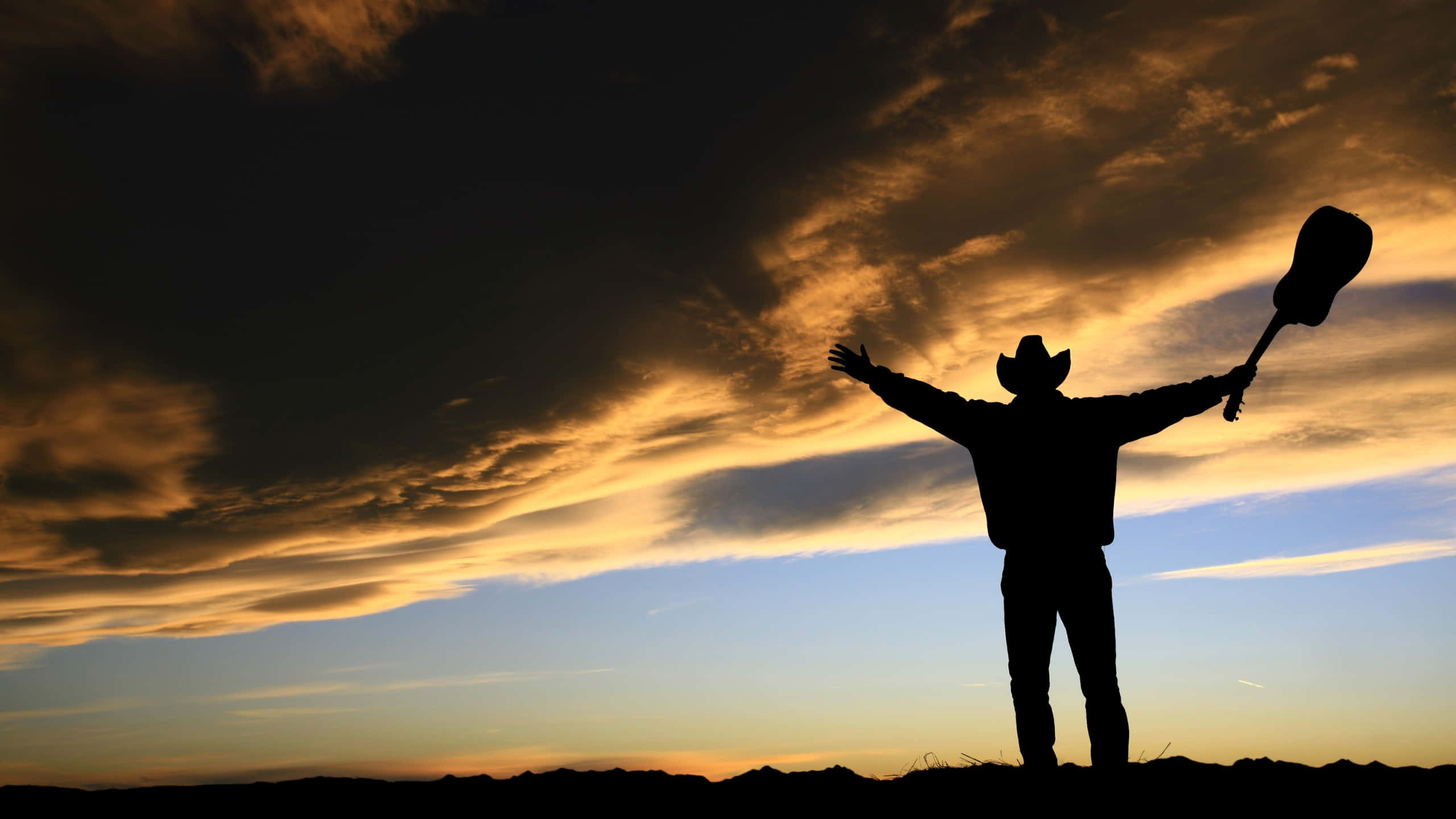 Country Boy, sunset, silhouette, 2K Desktop Wallpaper