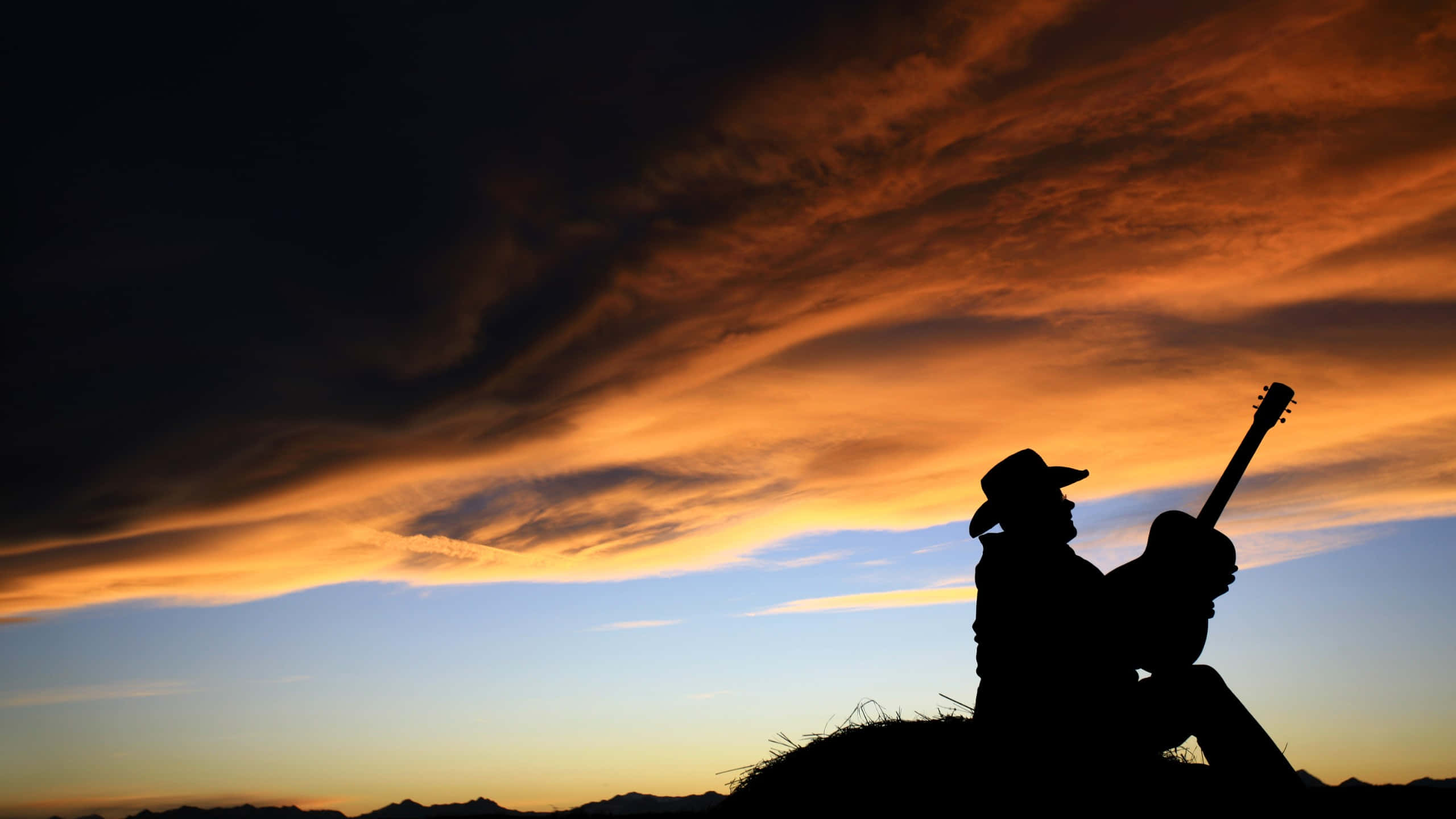 Country Musician, sunset, silhouette, 2K Desktop Wallpaper
