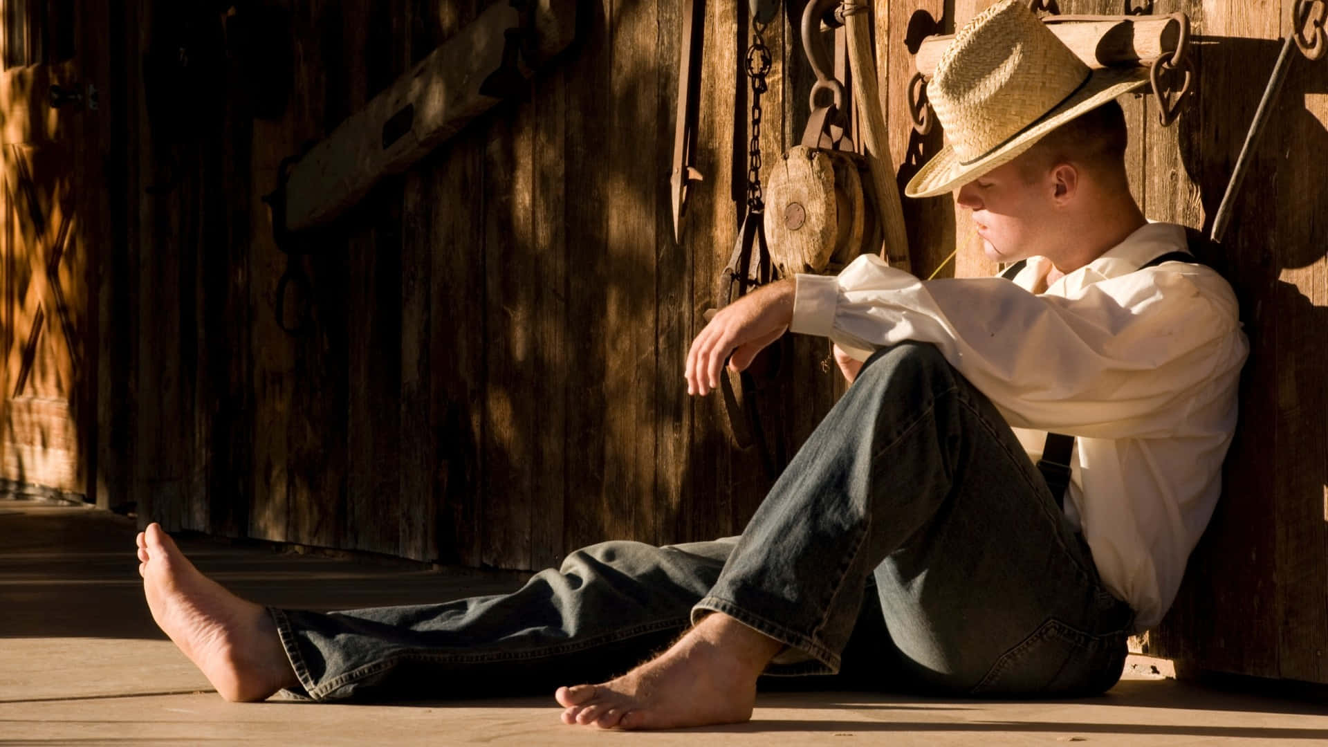 straw hat, rustic wooden barn wall, warm golden sunlight, Full HD Desktop Wallpaper