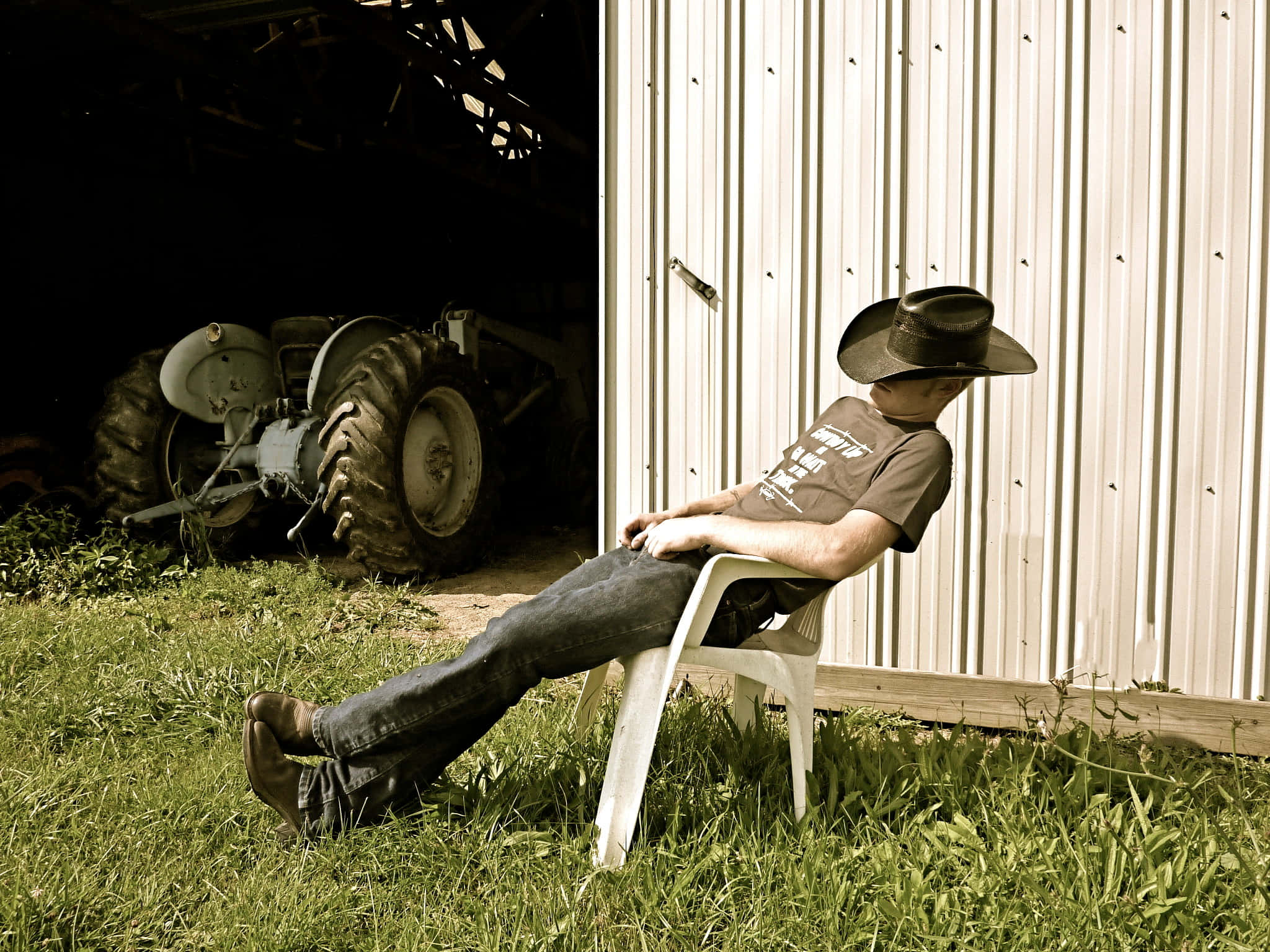 Country Boy, cowboy hat, white plastic chair, Full HD Desktop Wallpaper