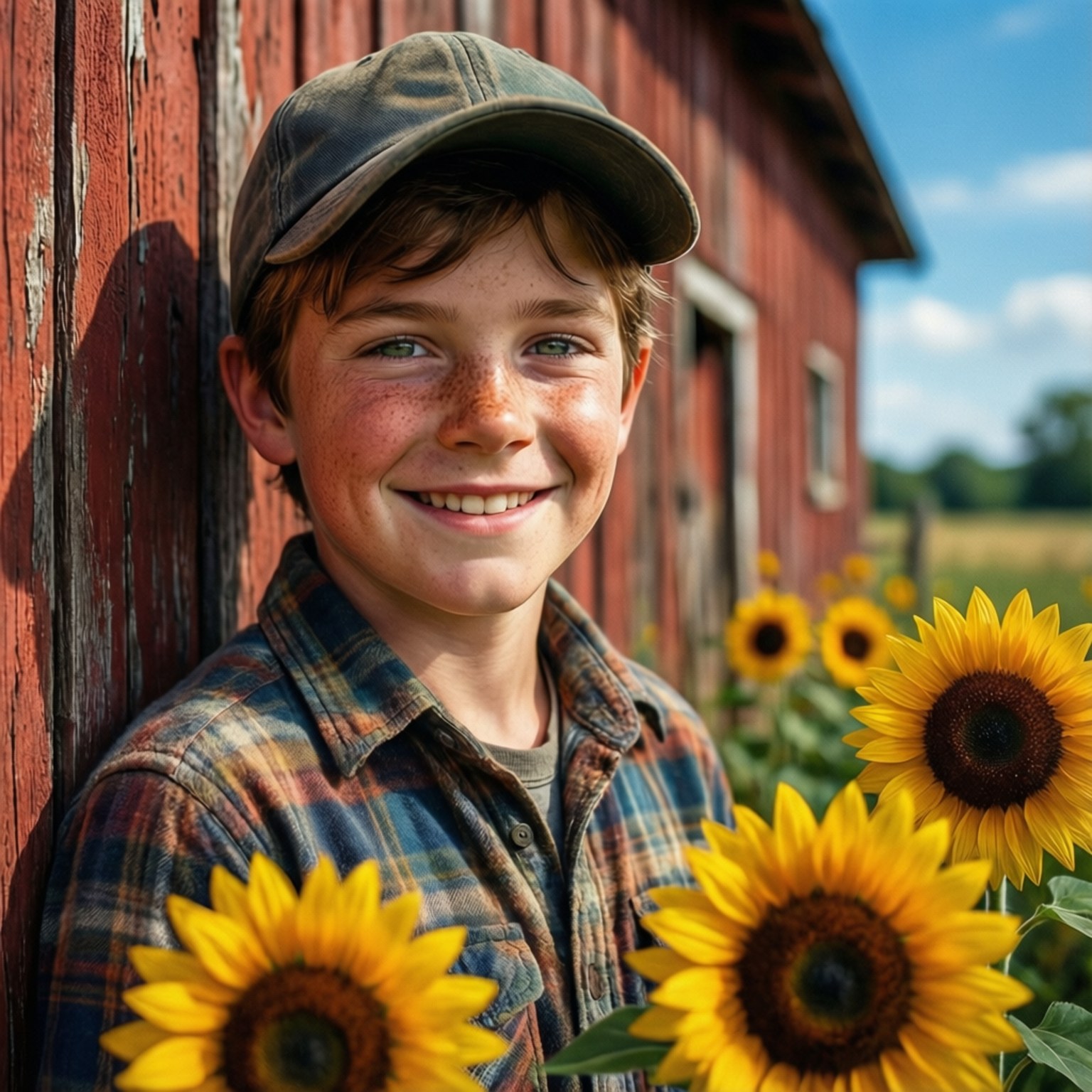 barnyard smile, red barn, sunflowers, HD Desktop Wallpaper