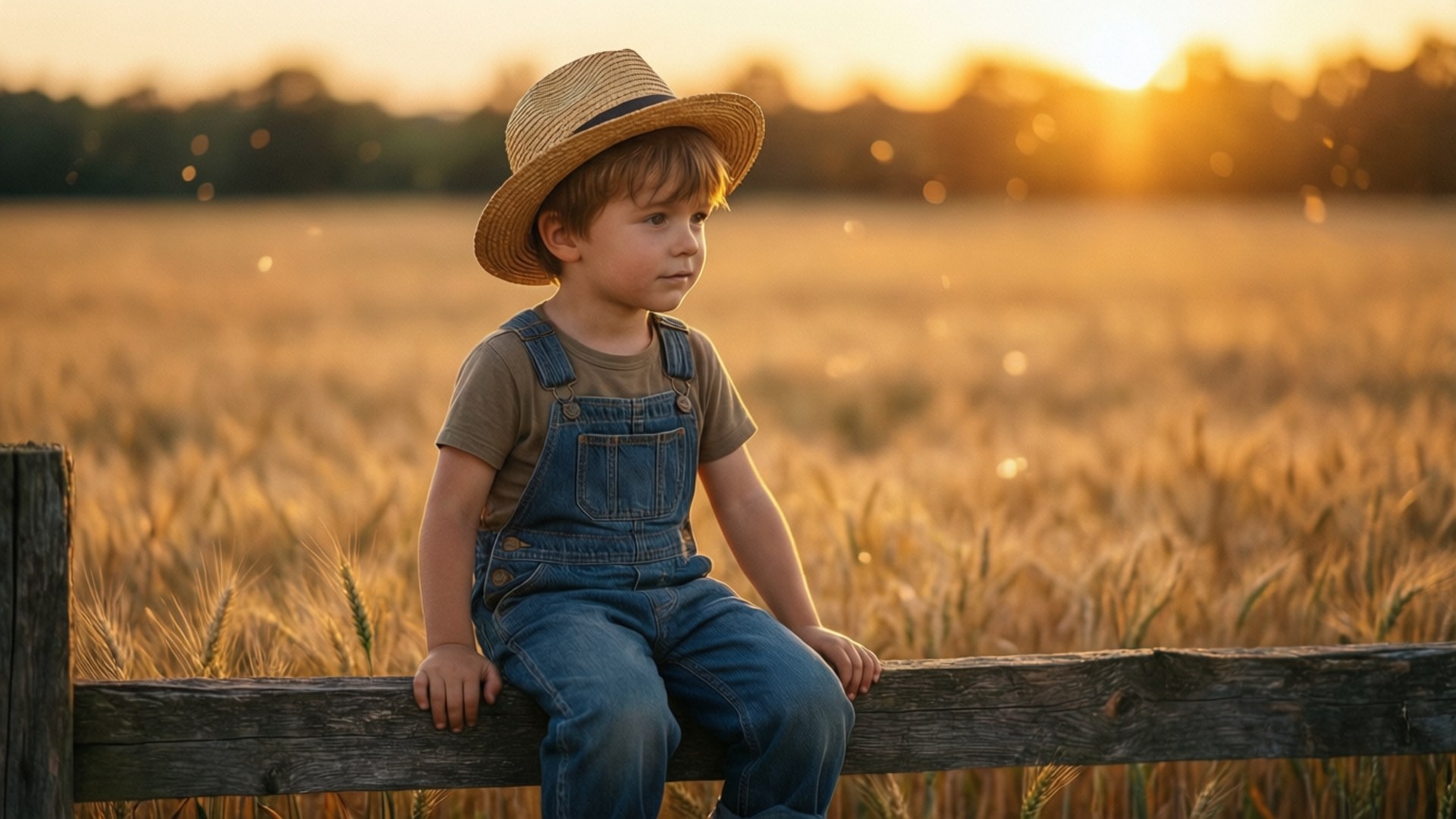 straw hat, overalls, wooden fence, Full HD Desktop Wallpaper