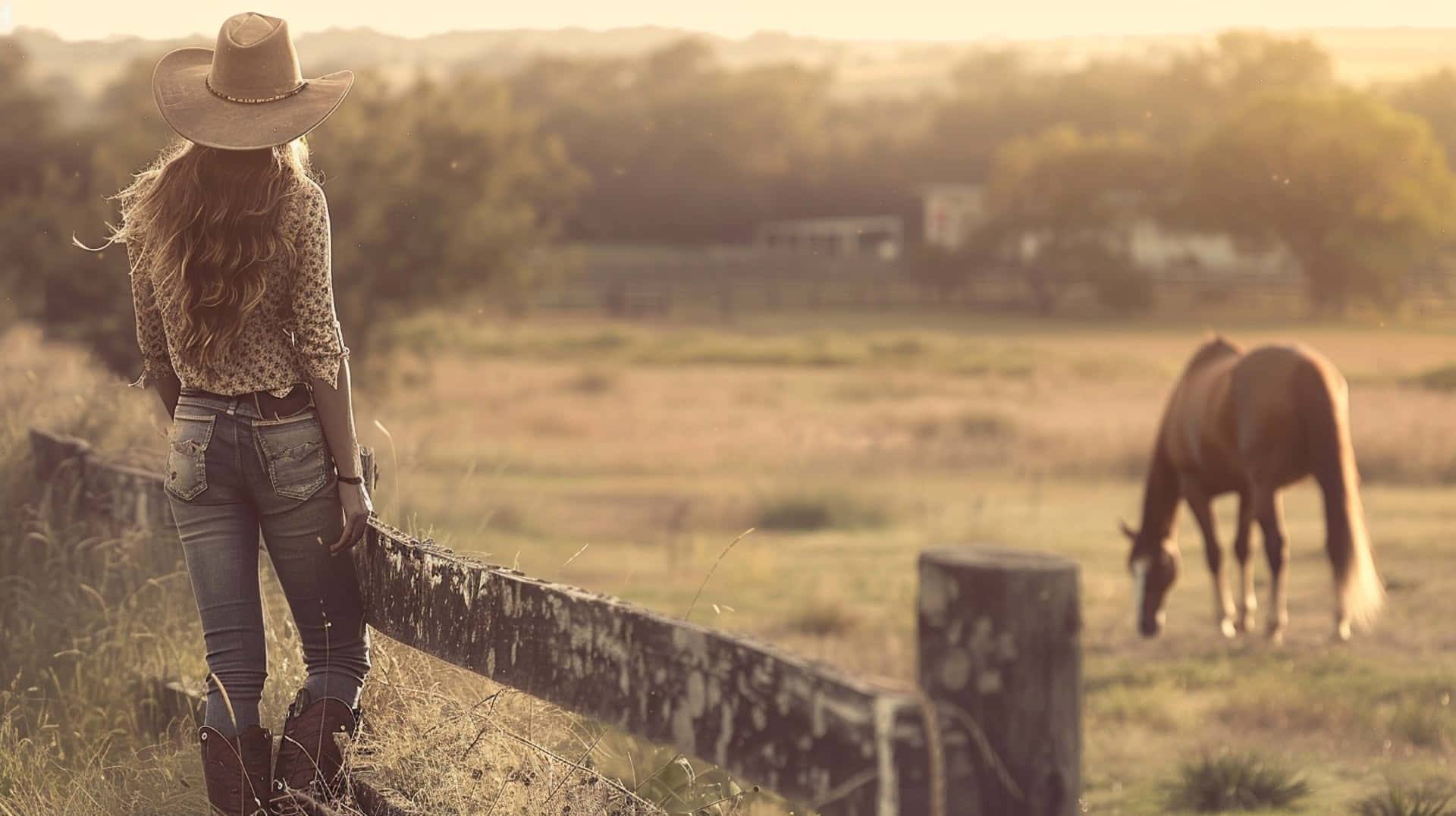 Country Cowgirl, sunset, brown horse, Full HD Desktop Wallpaper
