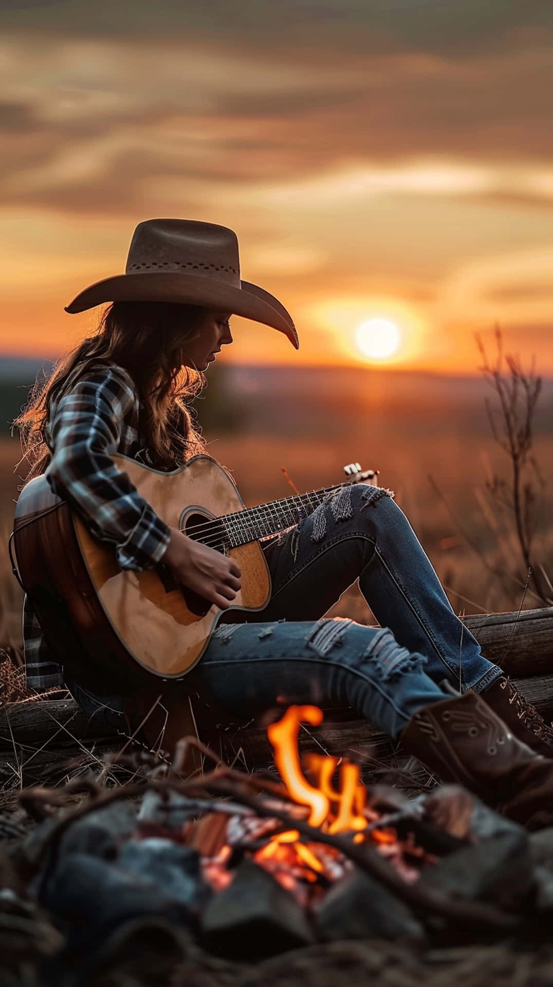 Cowgirl, Sunset, Campfire, Full HD Phone Wallpaper