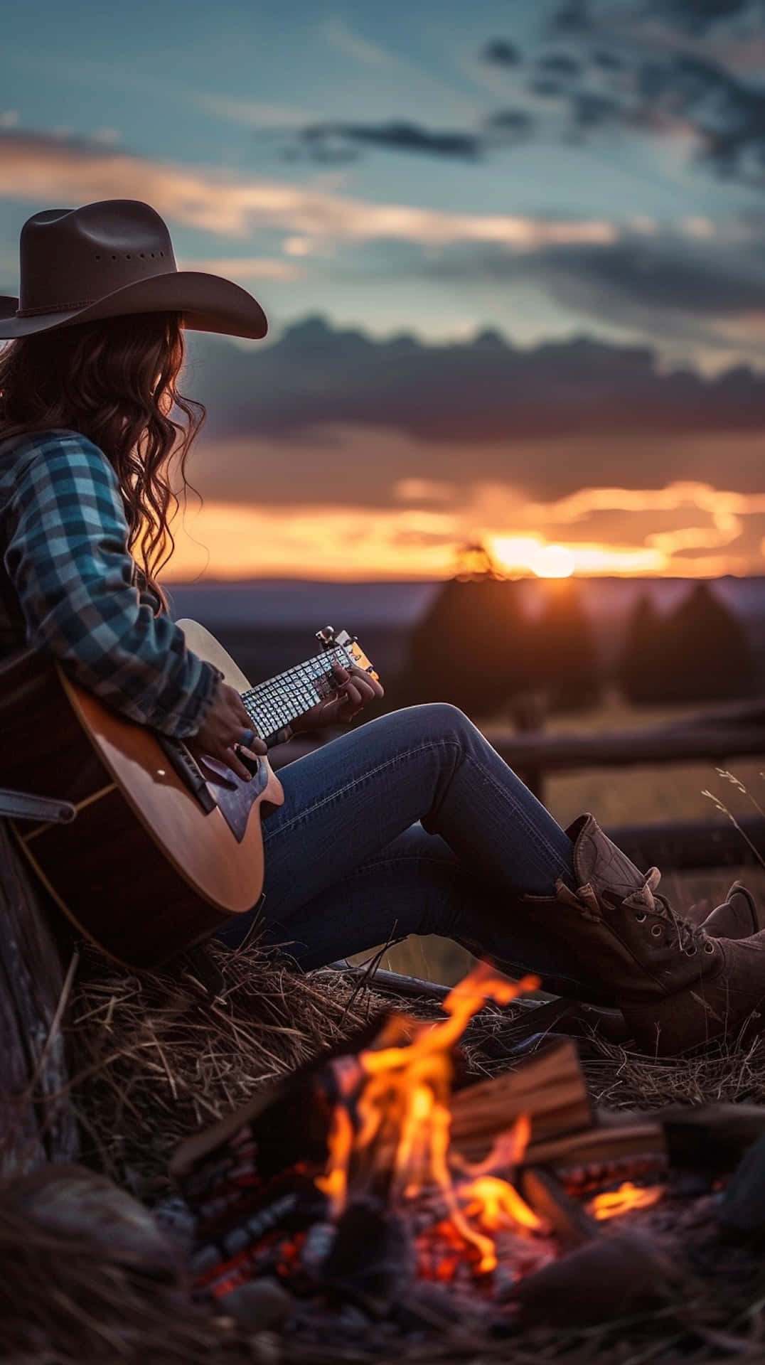 Cowgirl Sunset Guitar Serenade, cowboy hat, guitar, Full HD Phone Wallpaper