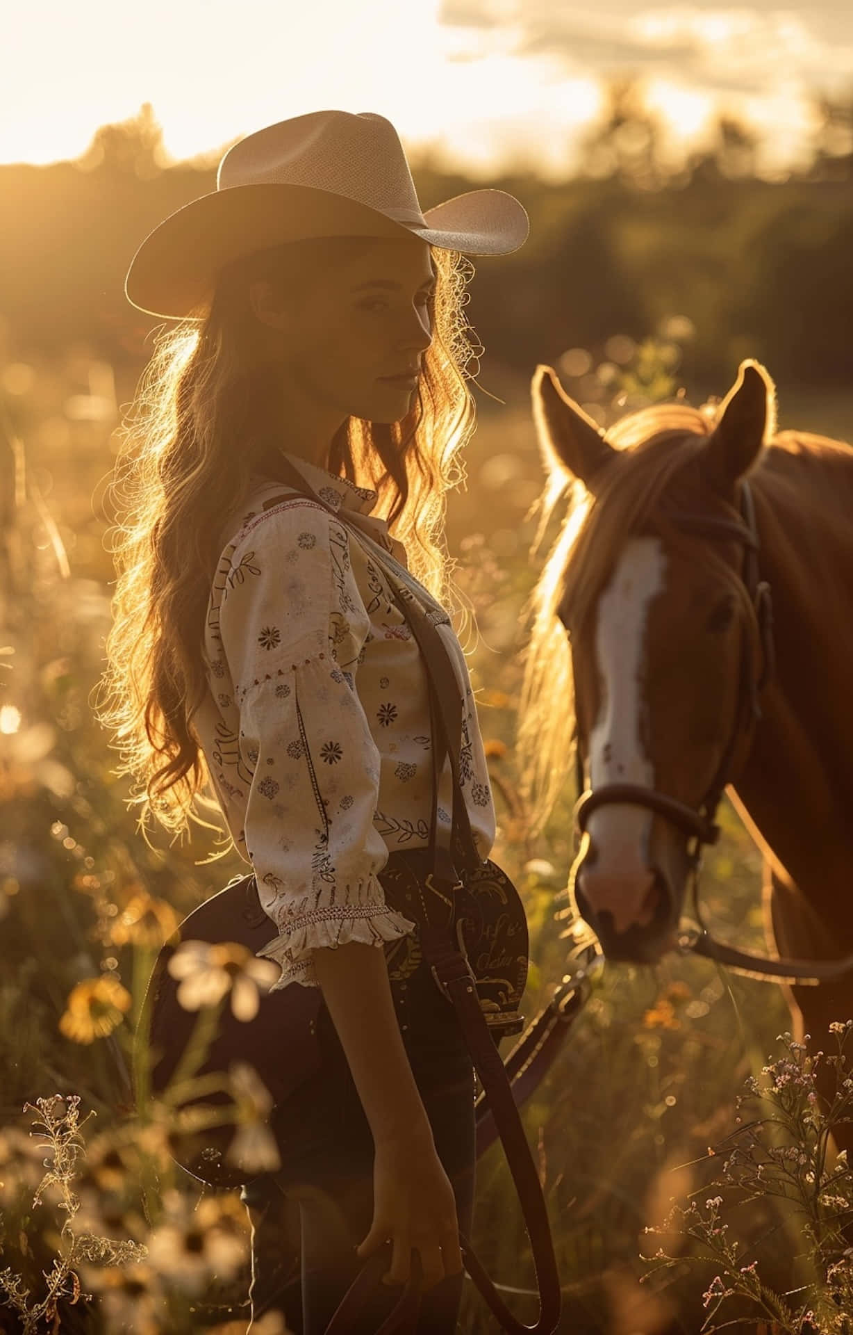 golden hour, cowgirl, brown horse, Full HD Phone Wallpaper