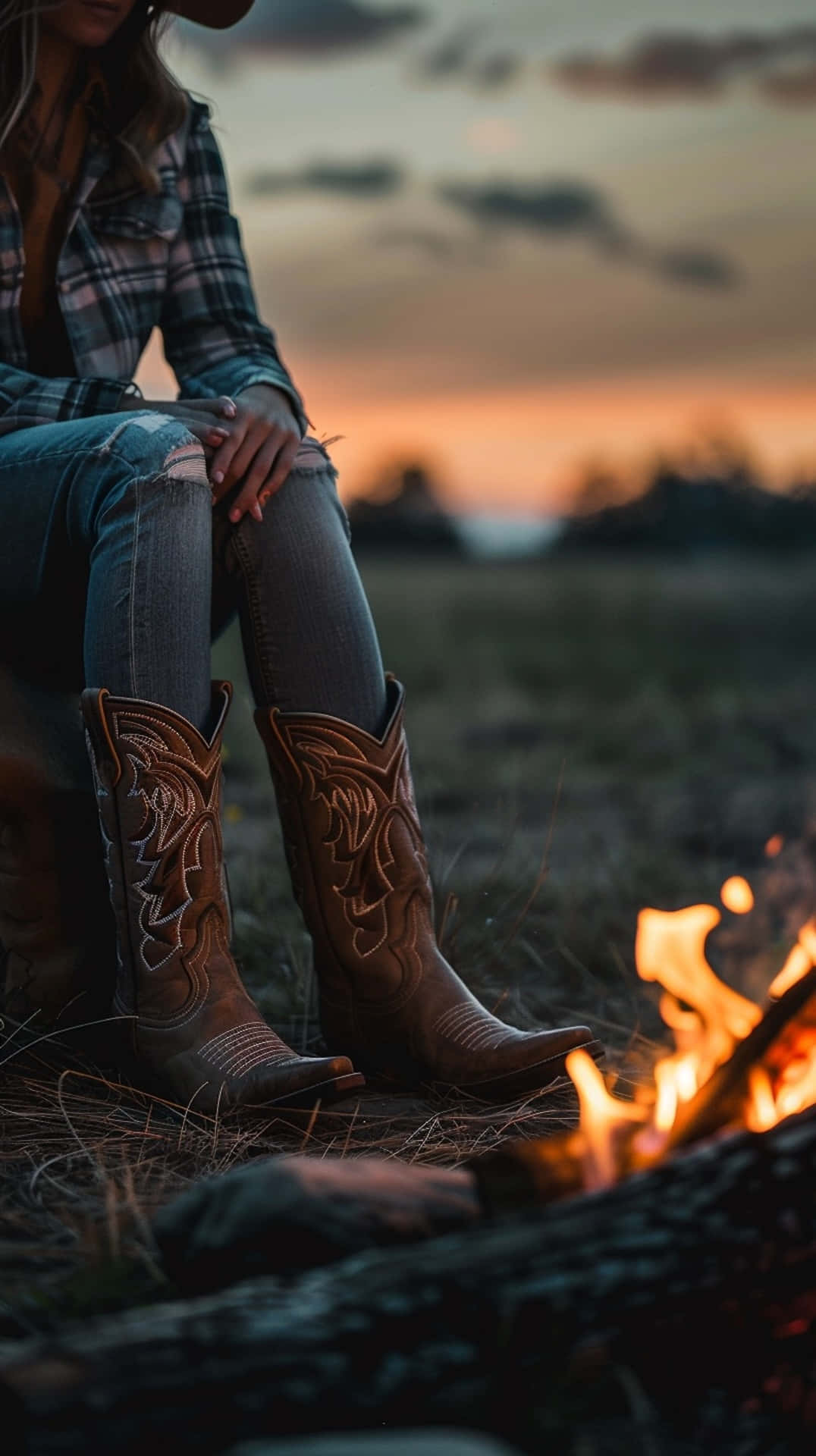 cowgirl boots, campfire, sunset, Full HD Phone Wallpaper