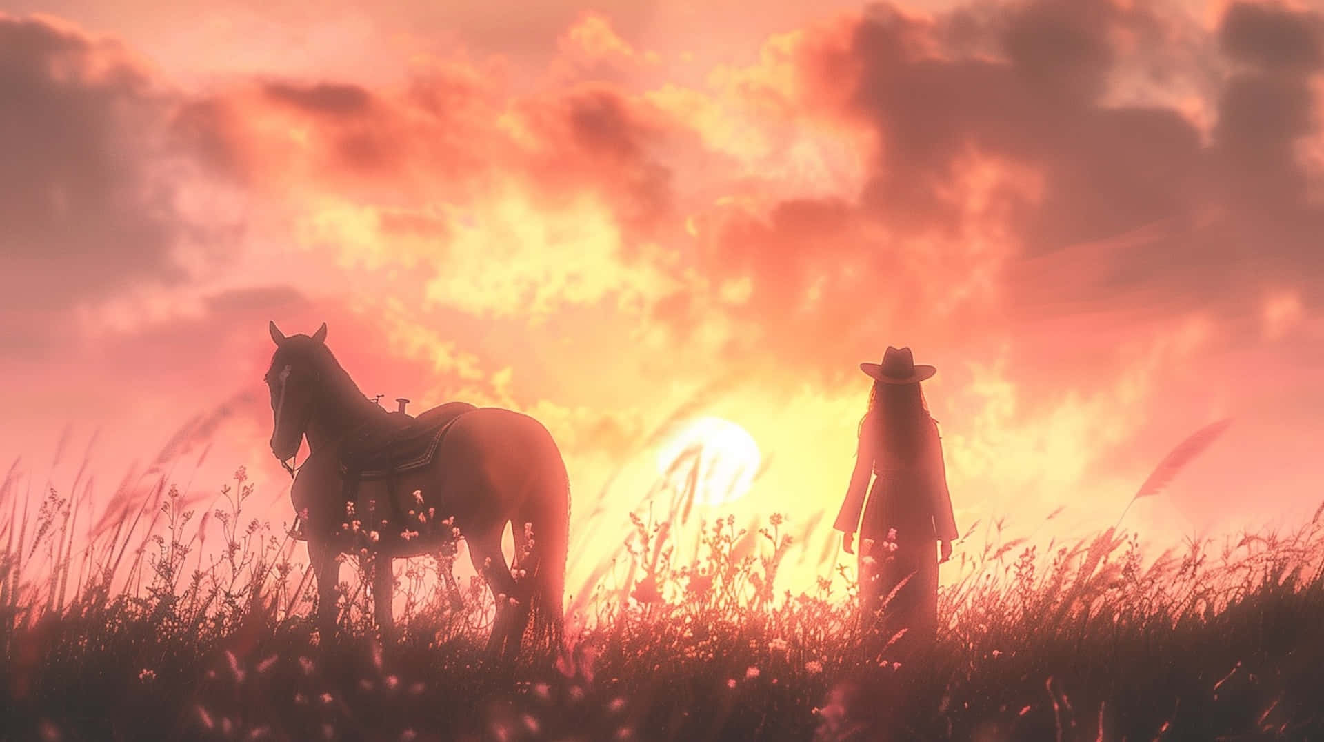 Sunset, Cowgirl, Horse Silhouette, Full HD Desktop Wallpaper