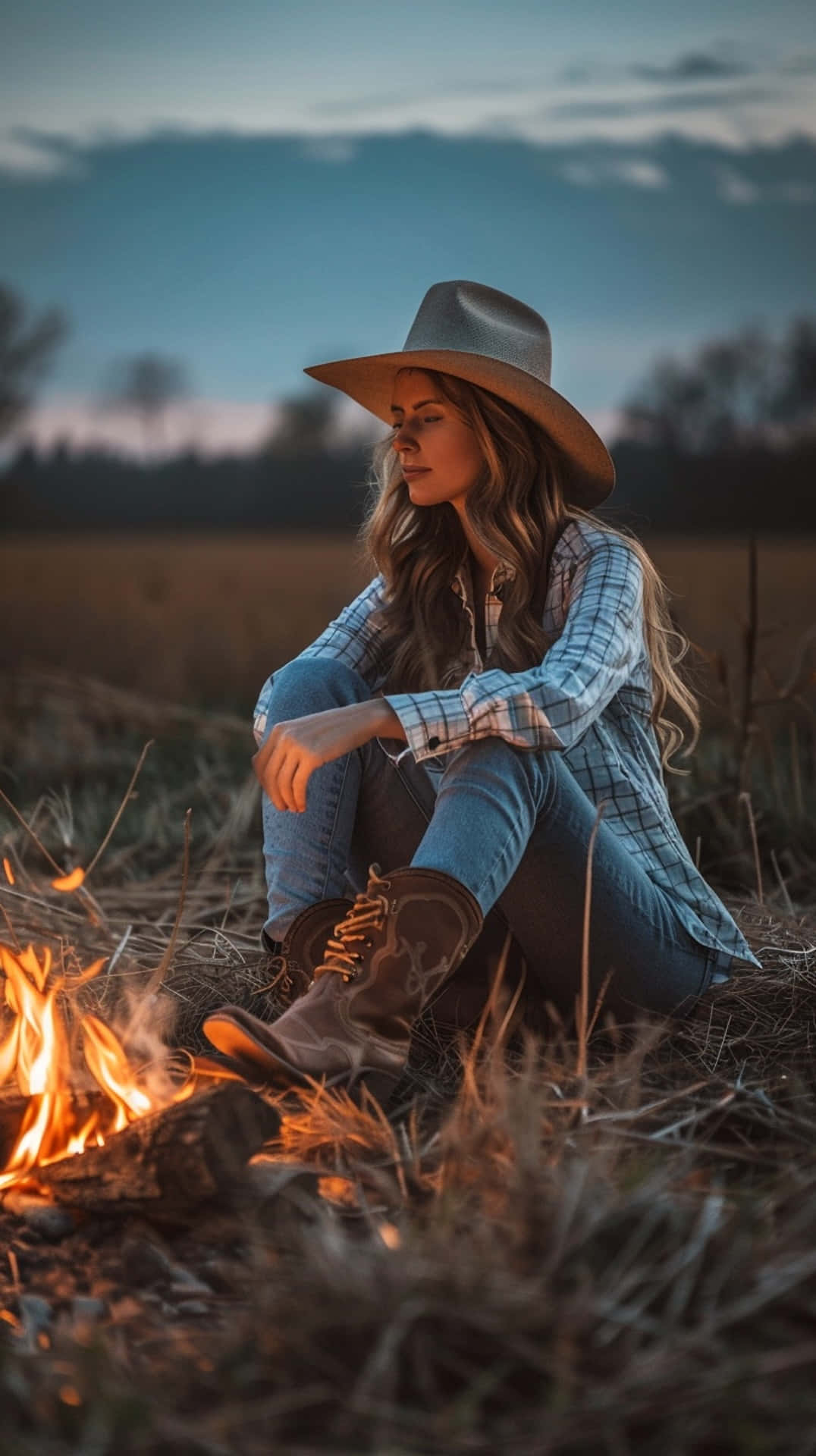 twilight, cowgirl, campfire, Full HD Phone Wallpaper