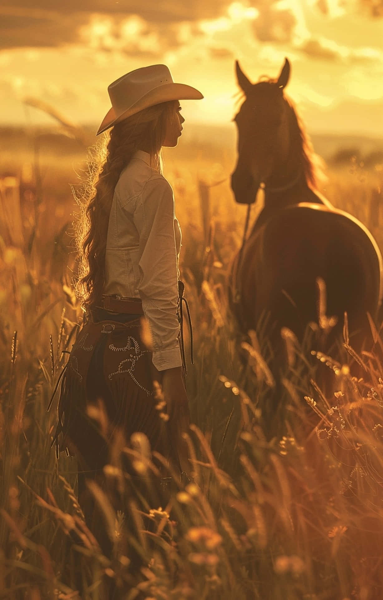 golden hour, cowgirl, horse, Full HD Phone Wallpaper