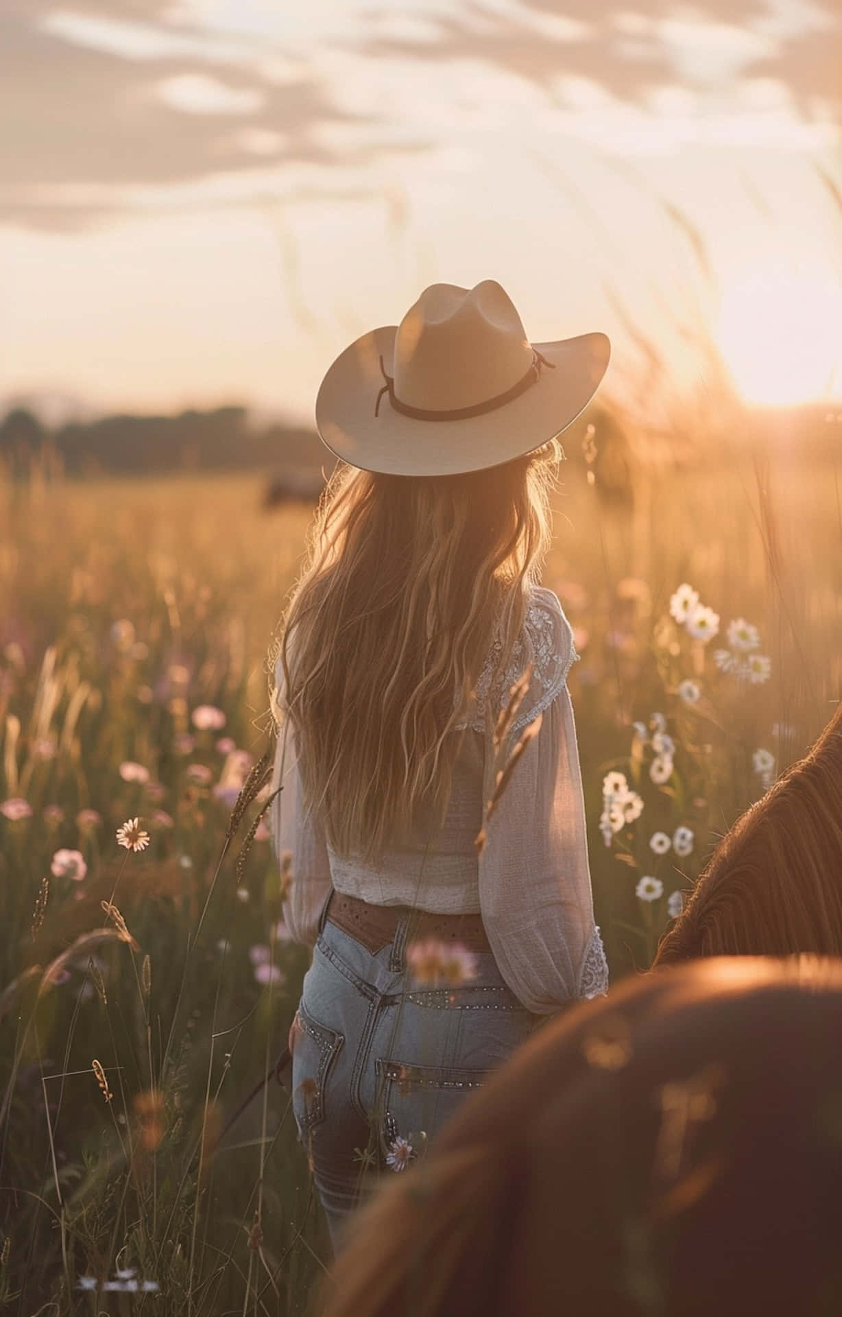 Country Cowgirl Aesthetic, golden sunset, field of wildflowers, Full HD Phone Wallpaper