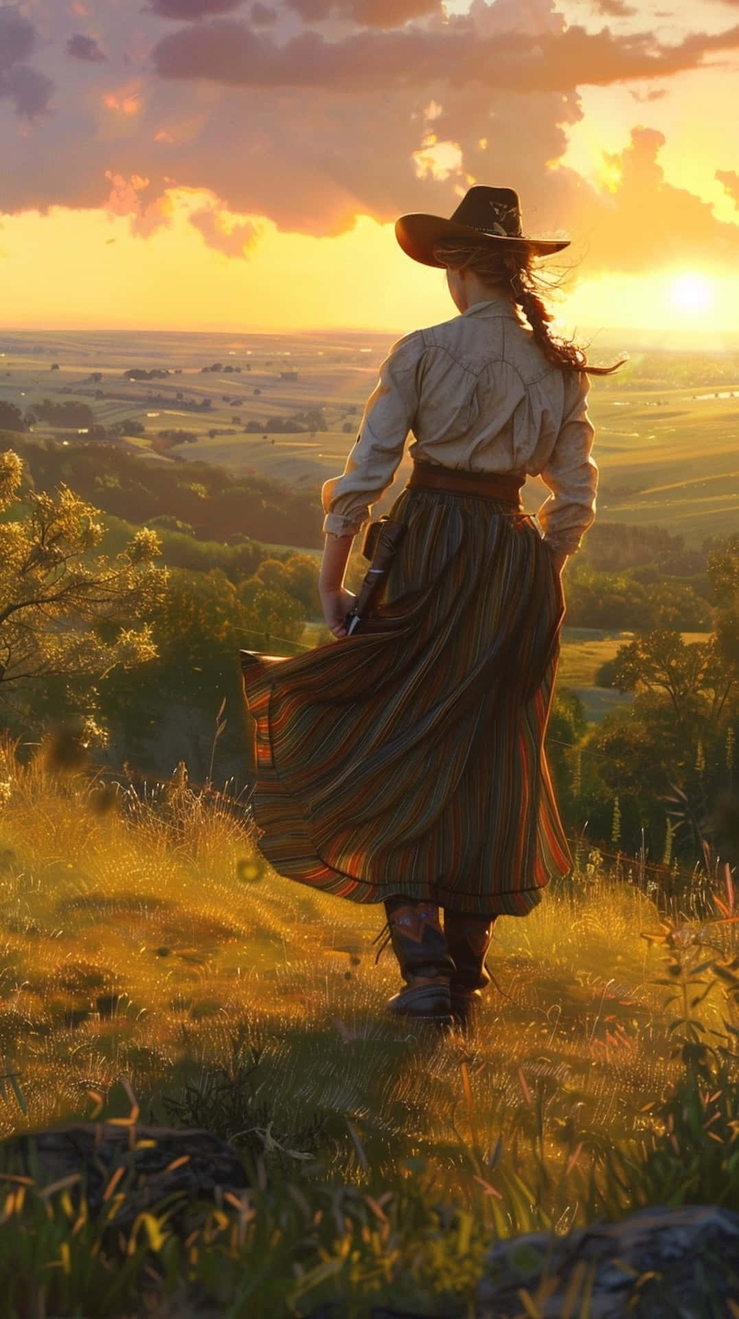 Sunset Cowgirl, cowboy hat, striped skirt, Full HD Phone Wallpaper