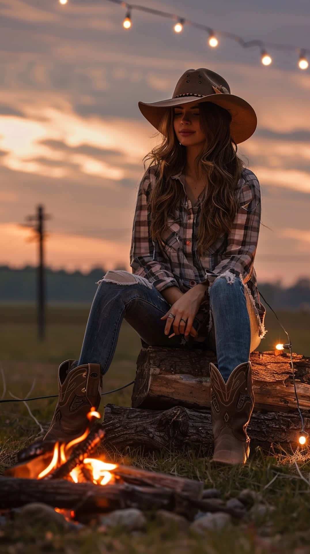 Country Cowgirl Twilight Serenity, cowboy hat, campfire, Full HD Phone Wallpaper