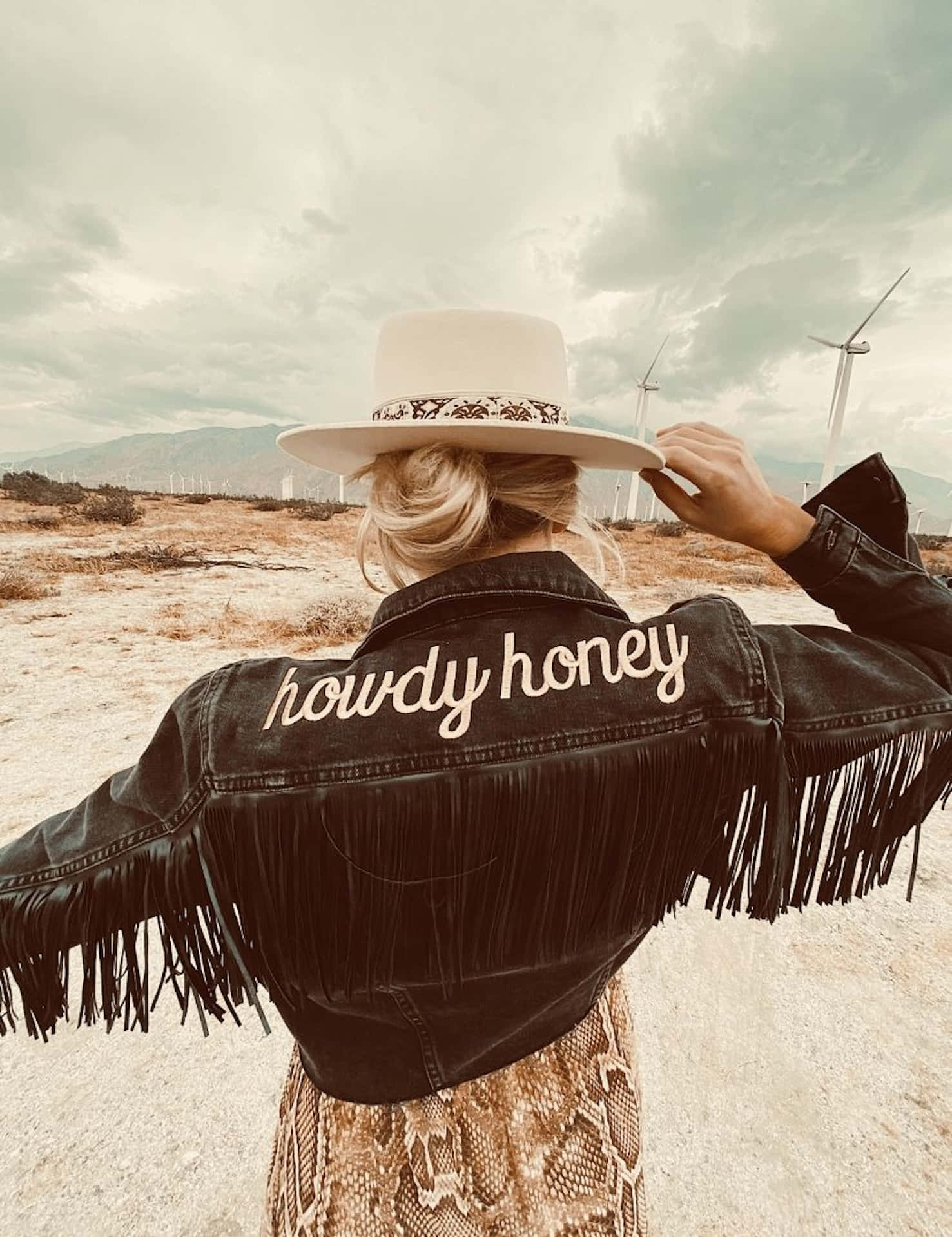 country cowgirl, windmill backdrop, fringed denim jacket, Full HD Phone Wallpaper