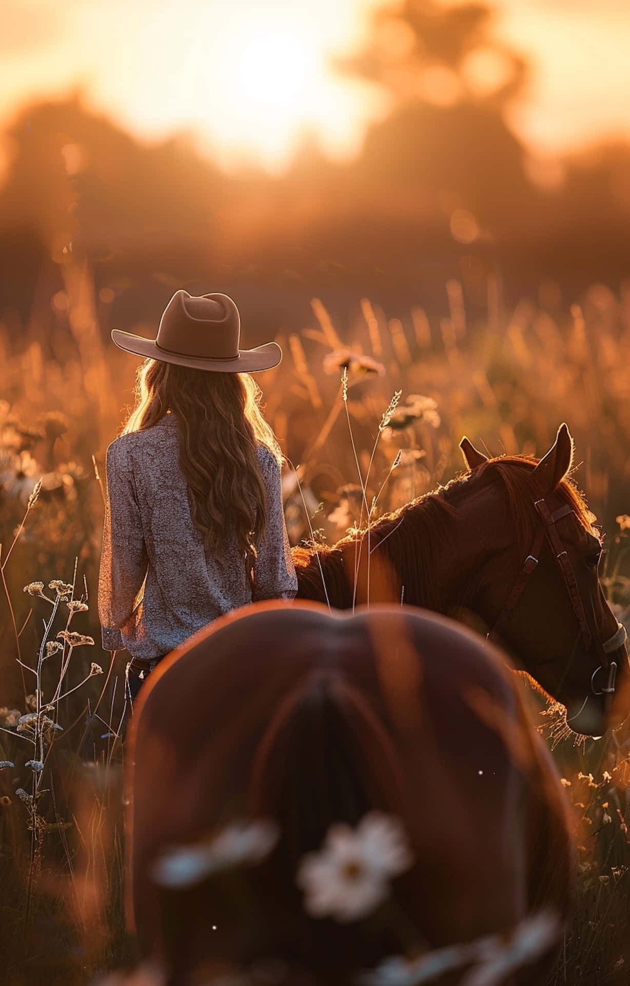 Golden Hour, cowboy hat, horse, Full HD Phone Wallpaper