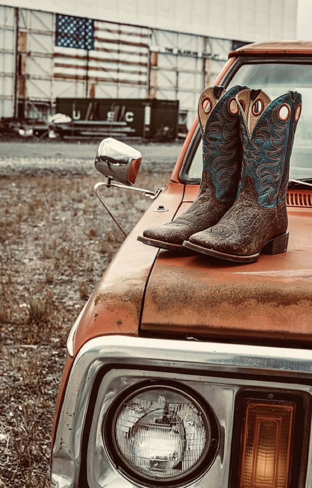 rustic cowgirl boots, rusted hood, old orange truck, Full HD Phone Wallpaper