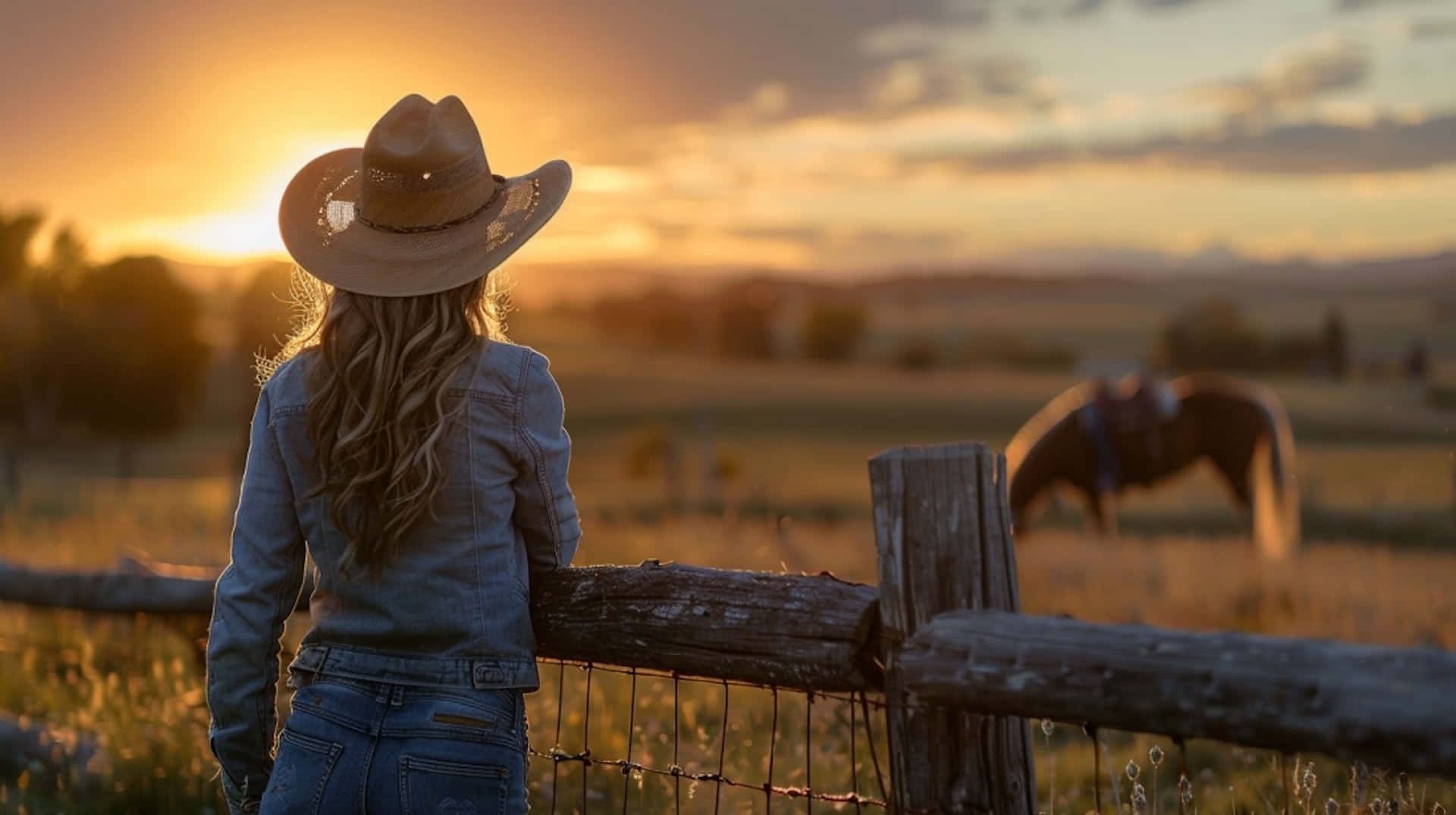 sunset, cowboy hat, wooden fence, Full HD Desktop Wallpaper