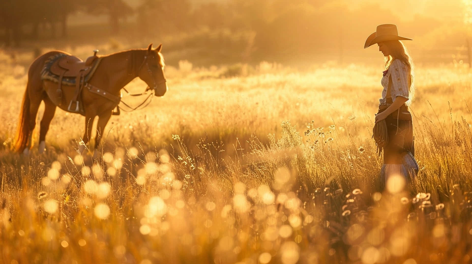 Golden Hour, cowboy woman, wide-brimmed hat, Full HD Desktop Wallpaper