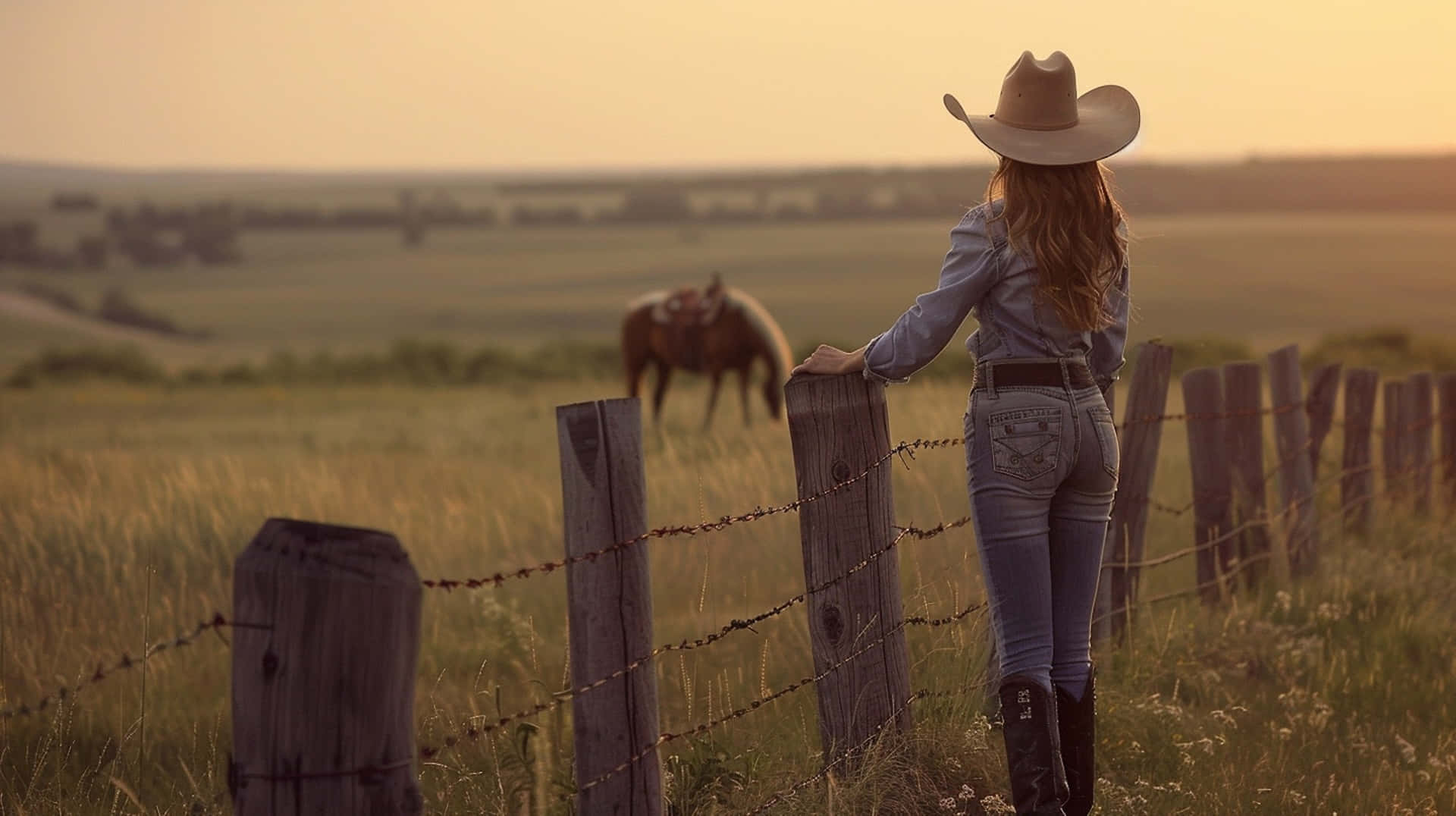 Country Cowgirl, sunset, cowboy hat, Full HD Desktop Wallpaper