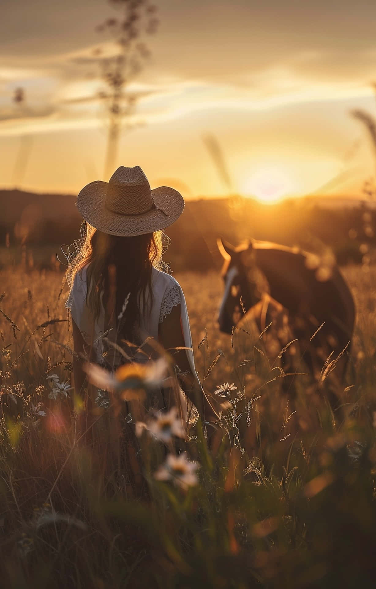 Sunset Cowgirl And Horse, straw hat, sunlit field, Full HD Phone Wallpaper