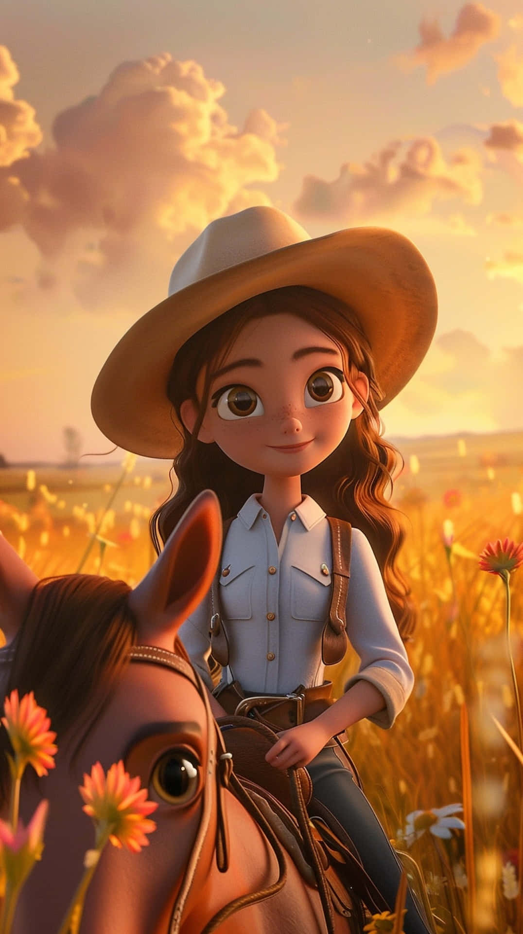 cowgirl, sunset, brown horse, Full HD Phone Wallpaper