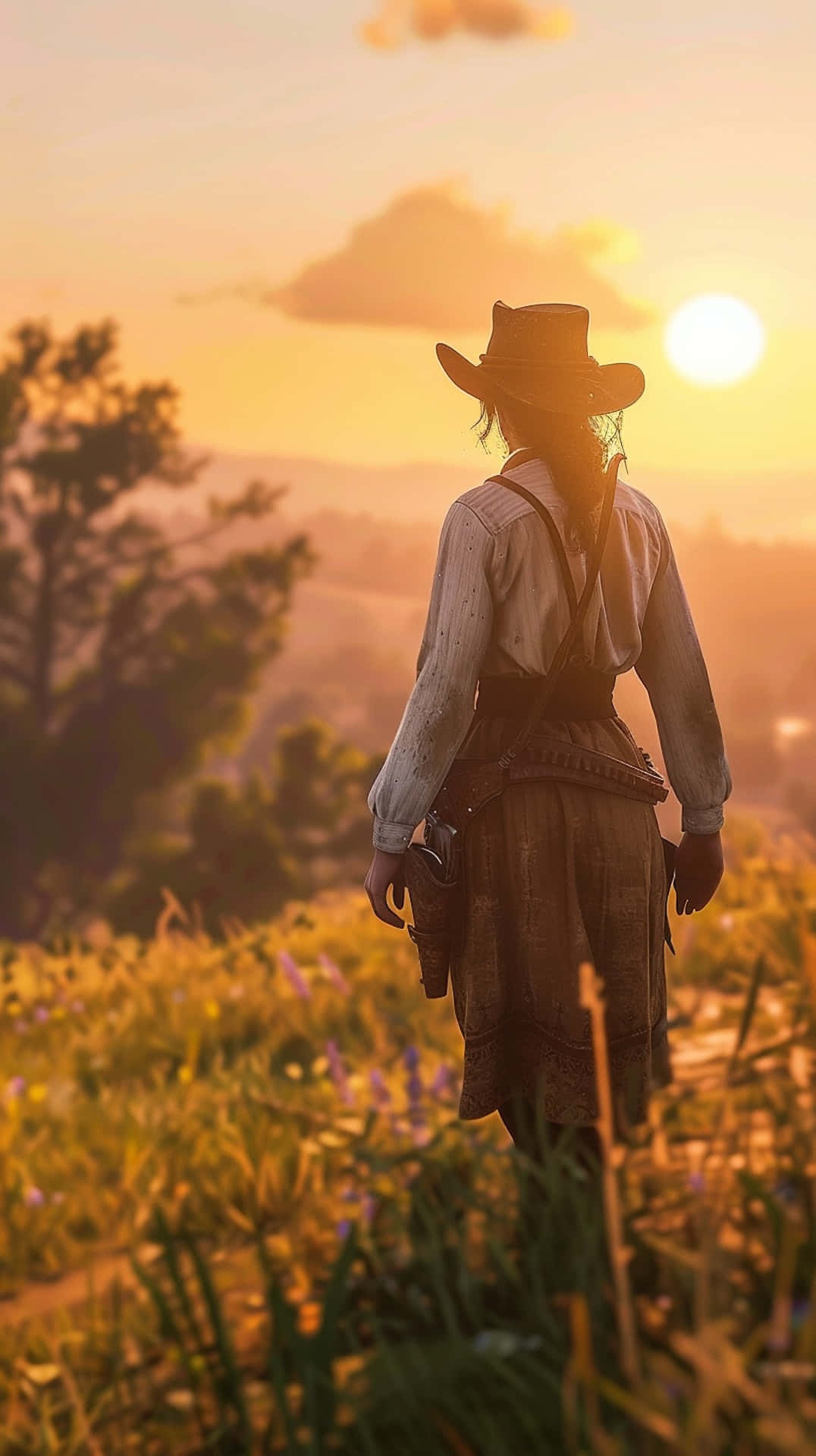 sunset, cowboy, wide-brimmed hat, Full HD Phone Wallpaper