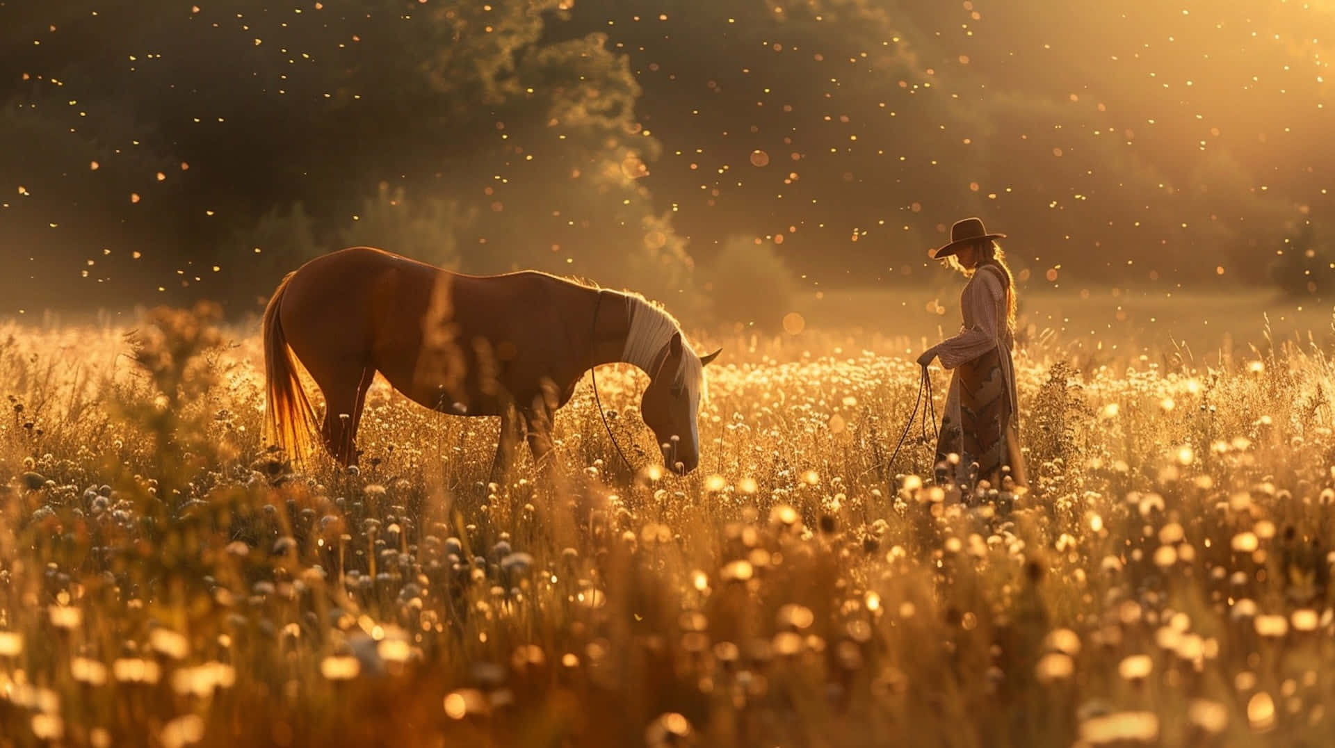 golden hour, wide-brimmed hat, grazing horse, Full HD Desktop Wallpaper
